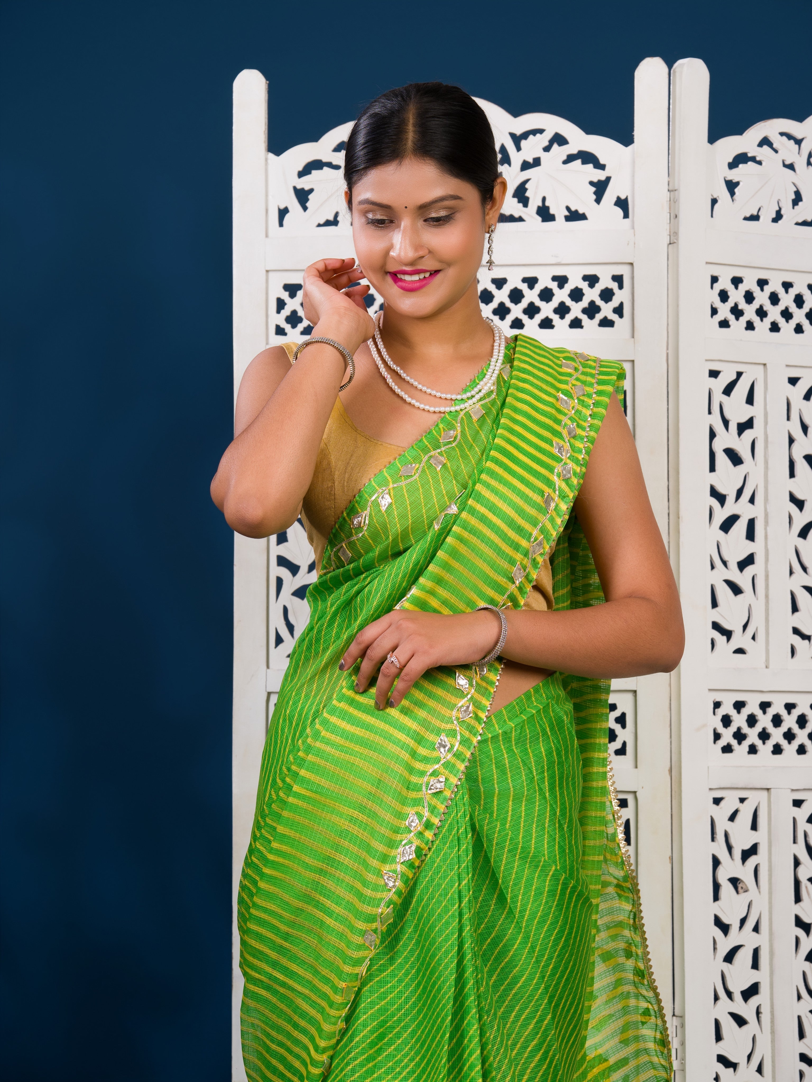  Kota doriya Leheriya Style With Gotapatti Work Saree in green colour