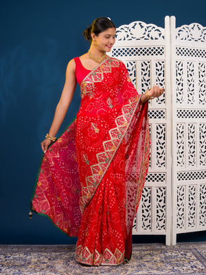 Georgette Bandhani Style Fabric with Sequin Embroidery Work Saree 