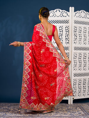Georgette Bandhani Style Fabric with Sequin Embroidery Work Saree 
