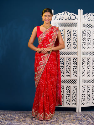 Georgette Bandhani Style Fabric with Sequin Embroidery Work Saree 