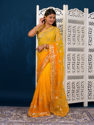  Yellow saree with white patterns  Chiffon Bandhani Style With Gotapatti Work Saree
