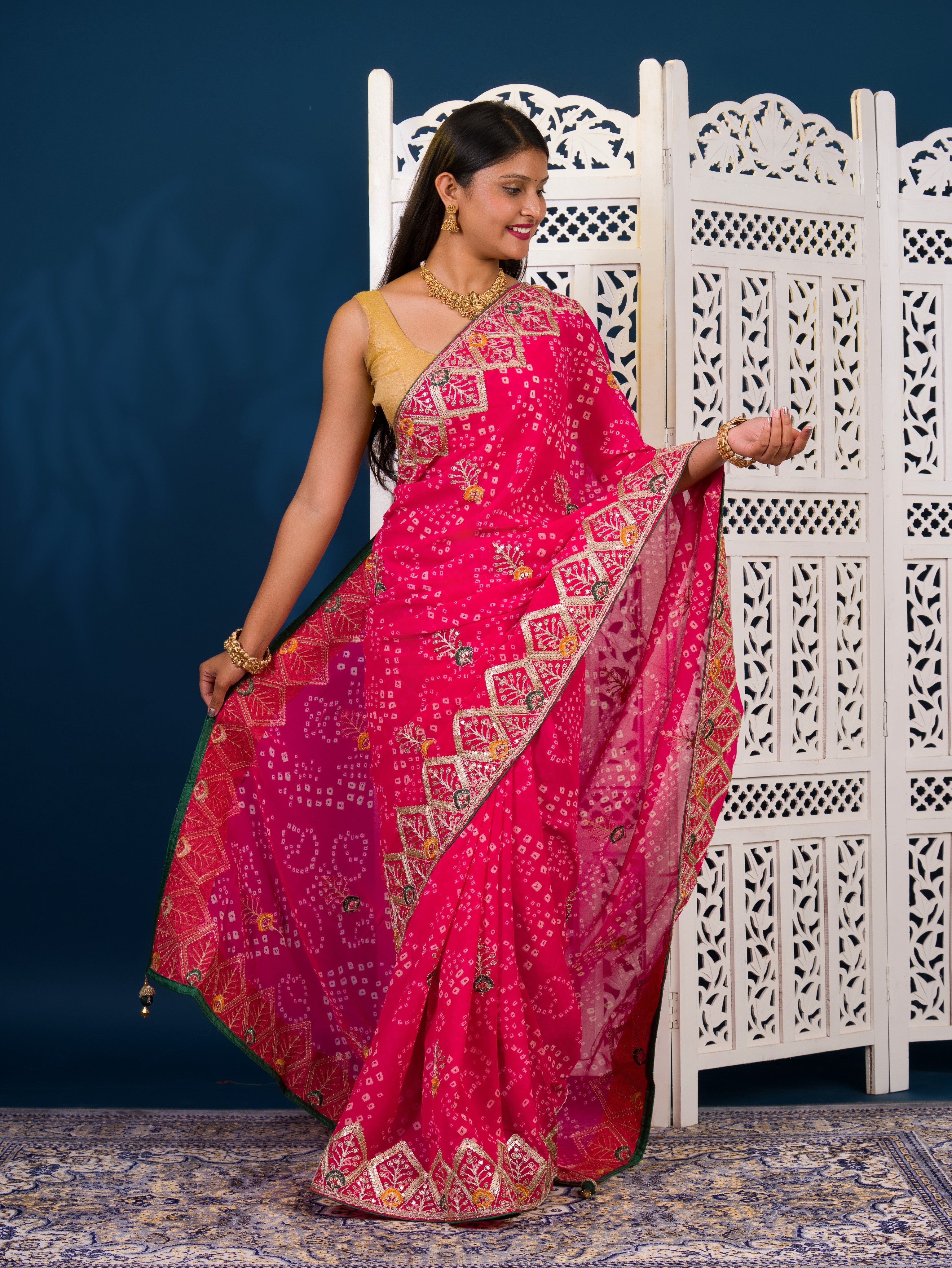  Georgette Bandhani Style Fabric with Sequin Embroidery Work Saree for wedding 