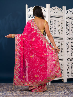  Georgette Bandhani Style Fabric with Sequin Embroidery Work Saree for wedding 