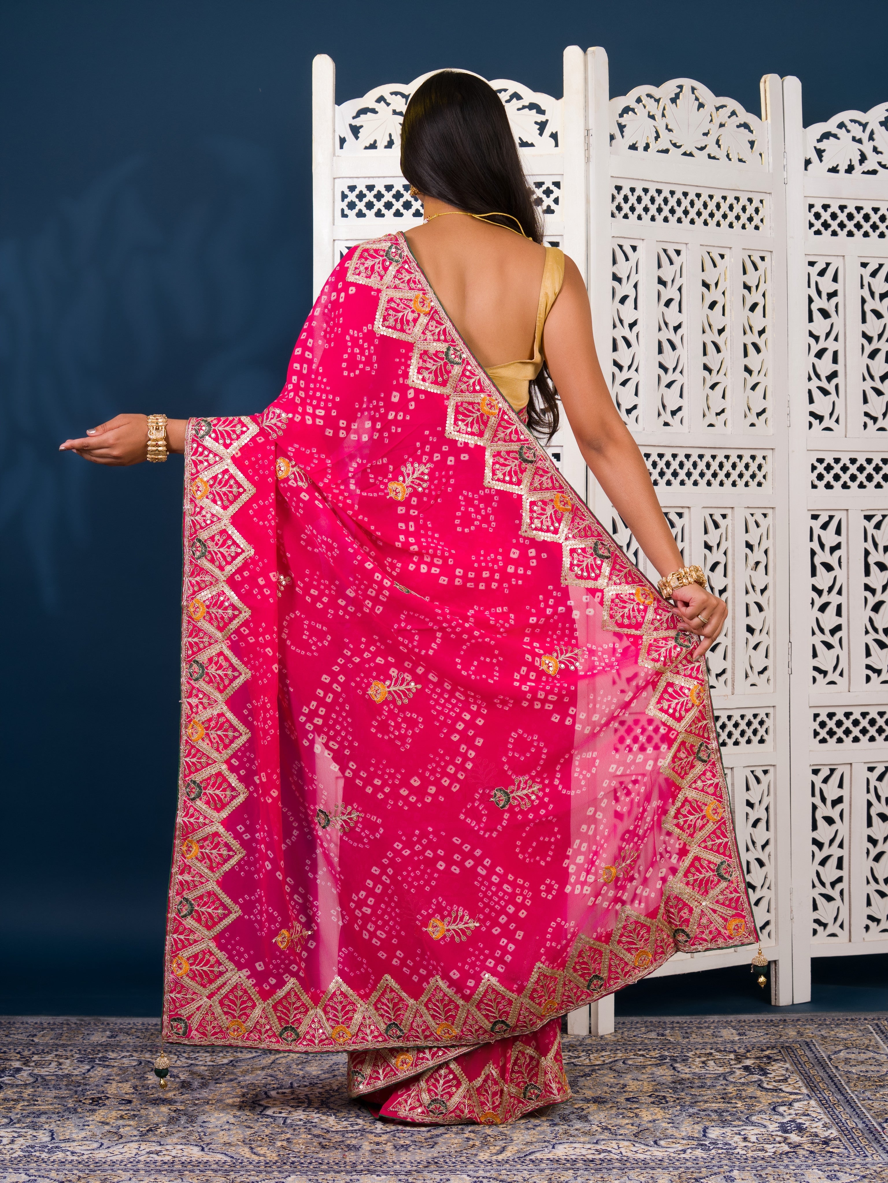  Georgette Bandhani Style Fabric with Sequin Embroidery Work Saree for wedding 
