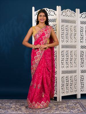  Georgette Bandhani Style Fabric with Sequin Embroidery Work Saree for wedding 