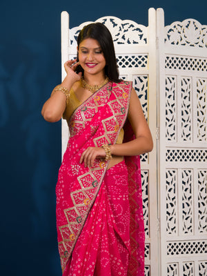  Georgette Bandhani Style Fabric with Sequin Embroidery Work Saree for wedding 