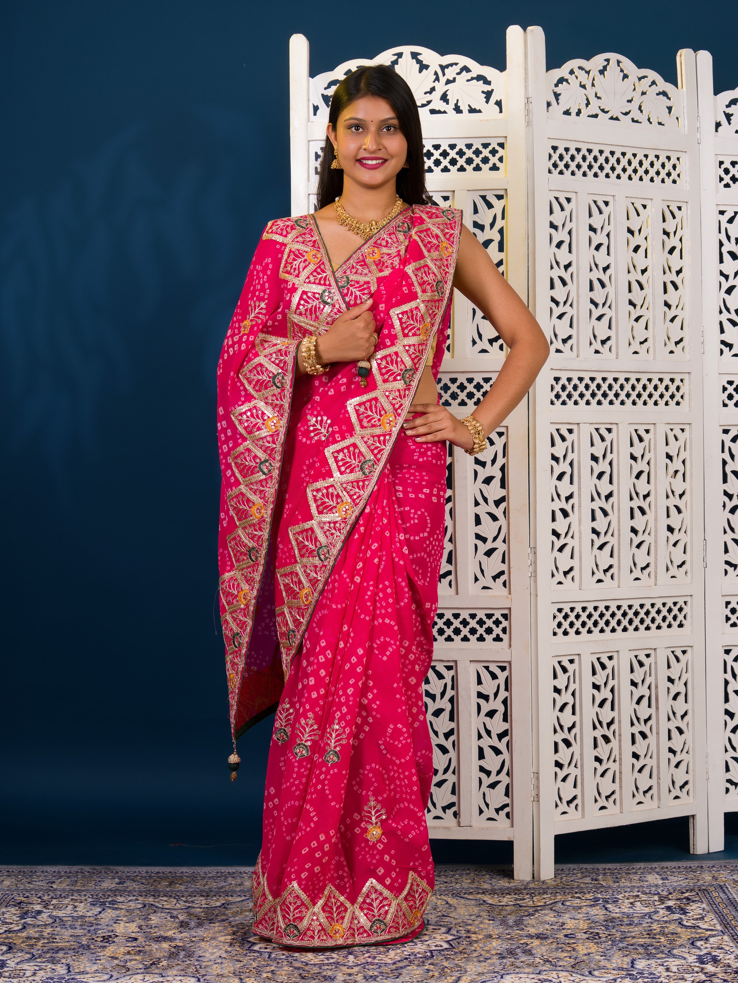  Georgette Bandhani Style Fabric with Sequin Embroidery Work Saree for wedding 