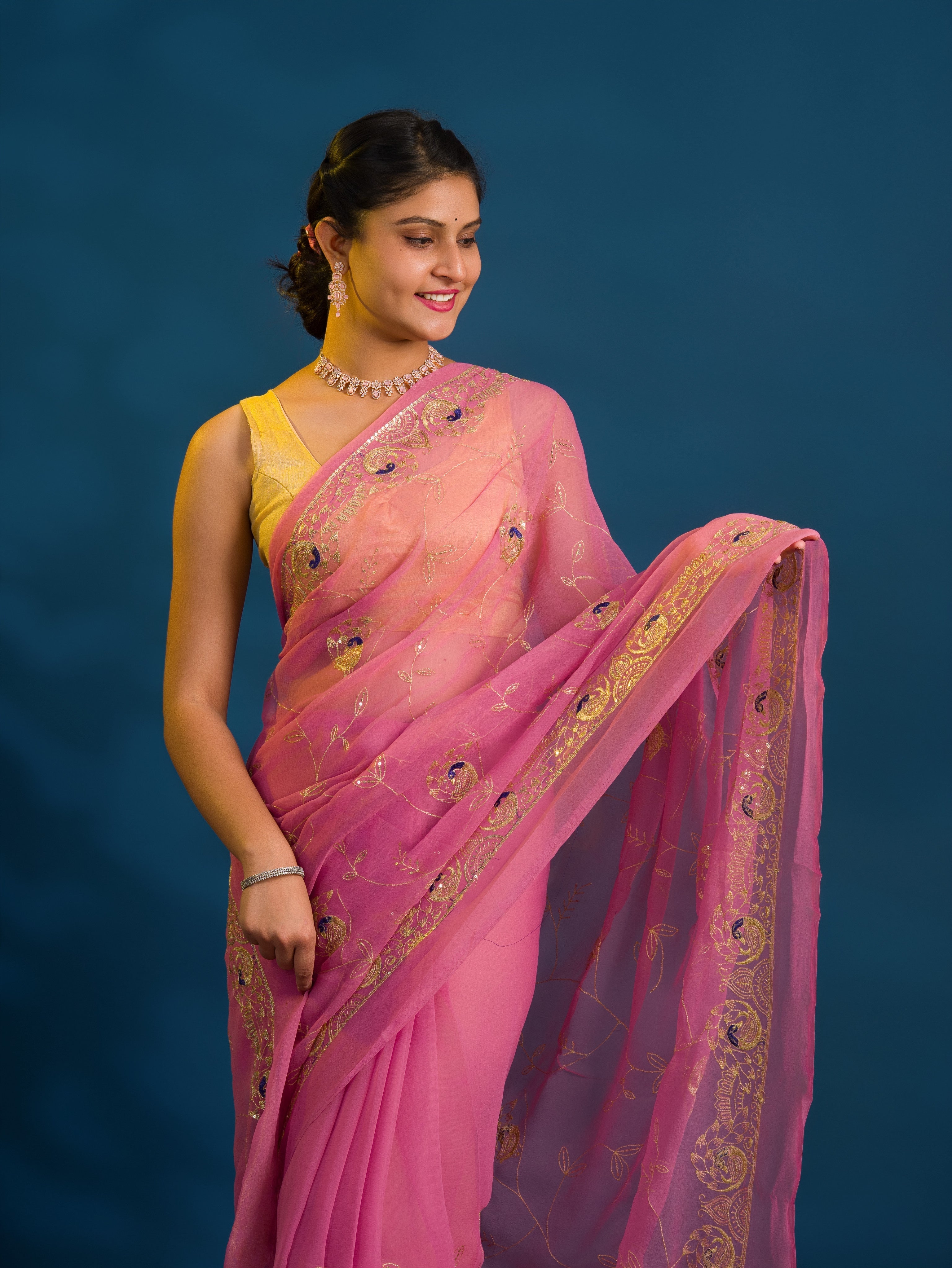 By Designer Saree With Handcrafted Aari Tari Work 