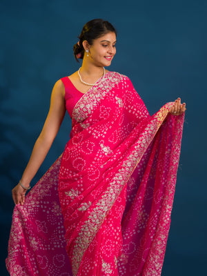 By Bandhani Saree With Elegant Peturn Work