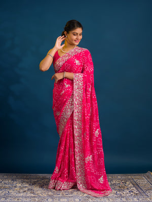 By Bandhani Saree With Elegant Peturn Work