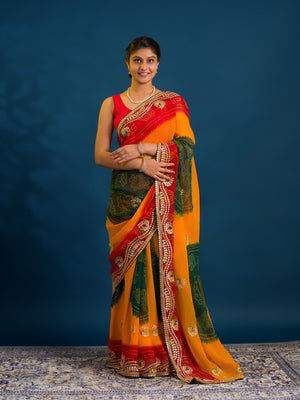 By Bandhani Saree With Embroidery Work