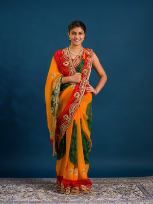 By Bandhani Saree With Embroidery Work