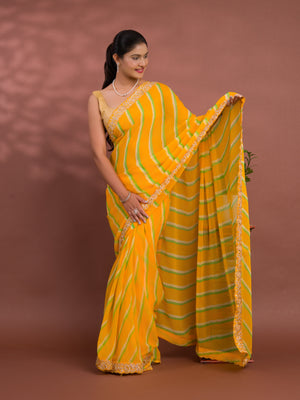 By Latest New Chiffon Leheriya Style With Embroidery Border Work Saree