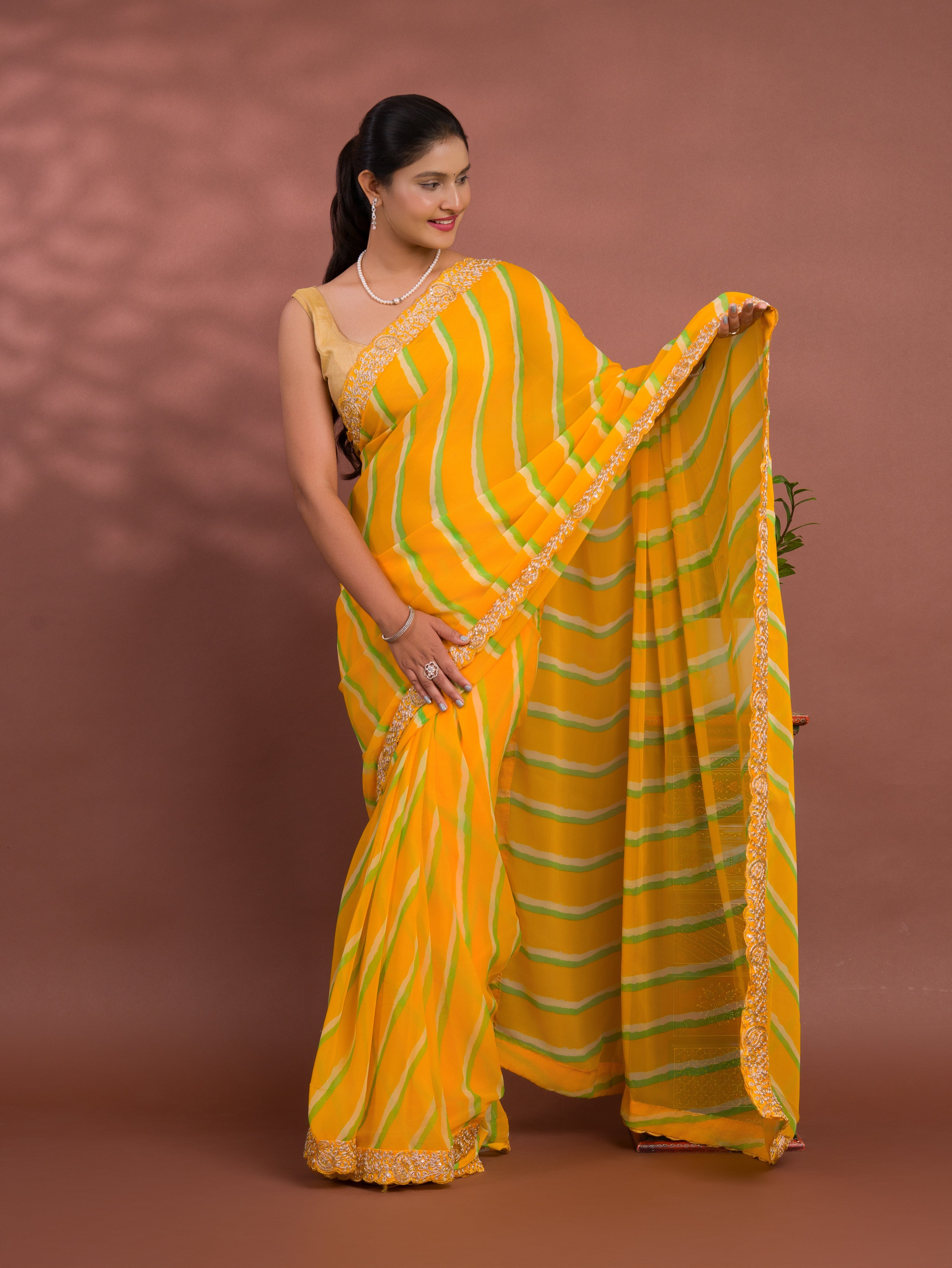 By Latest New Chiffon Leheriya Style With Embroidery Border Work Saree