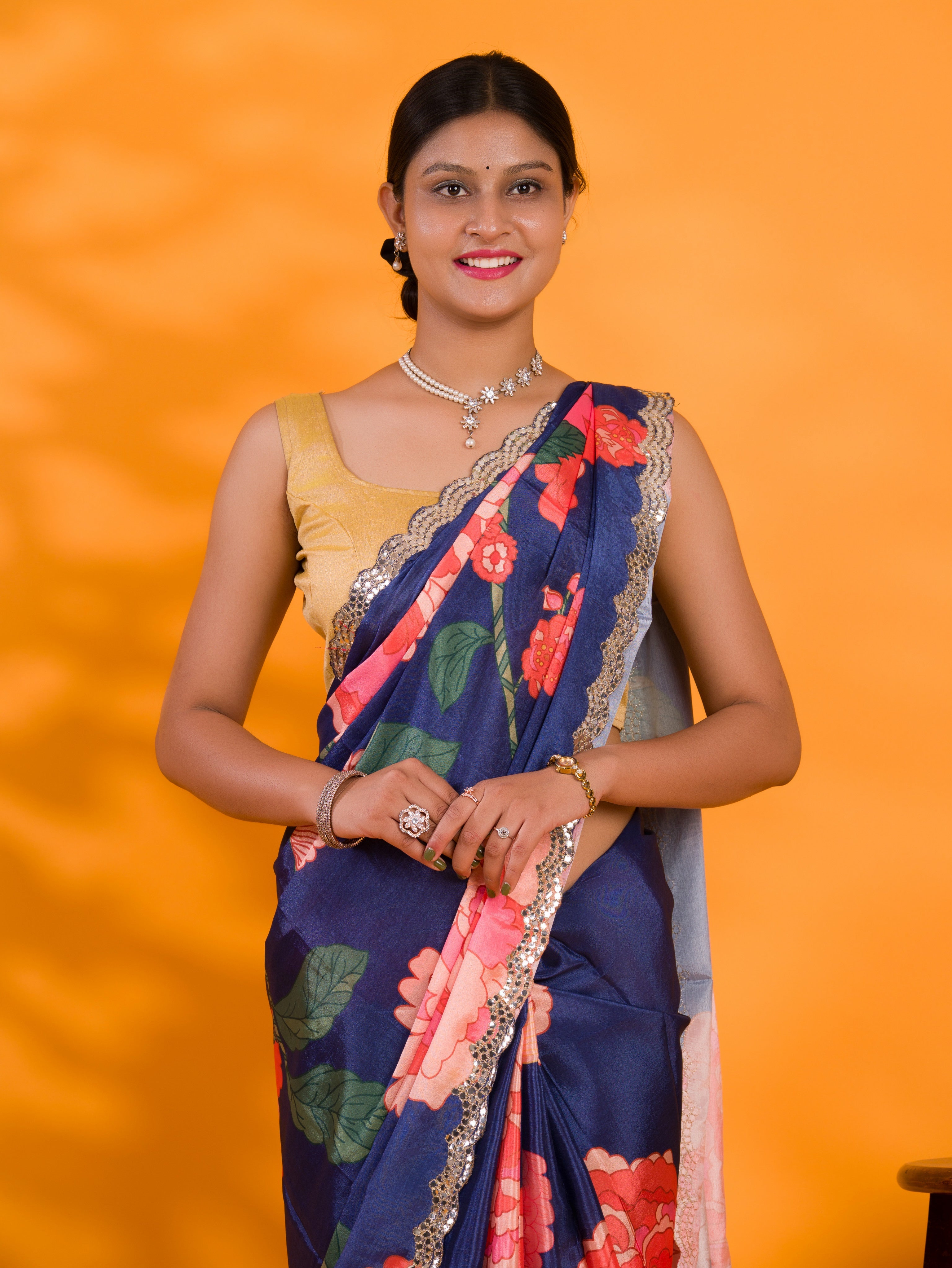 Tanmira Chinon Crape Floral Print Gotapatti Cutwork Border Sarees sana Navy Blue