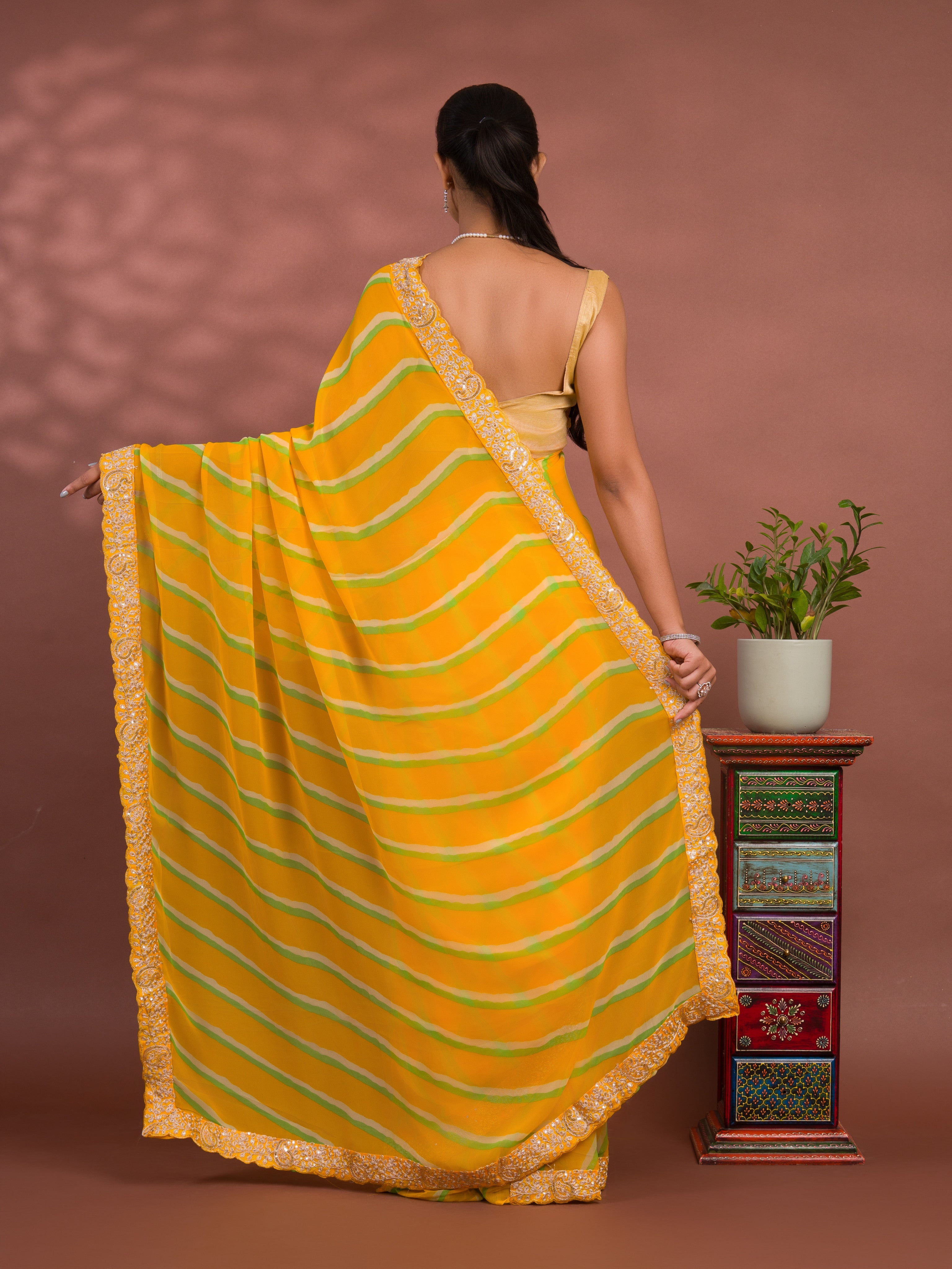 By Latest New Chiffon Leheriya Style With Embroidery Border Work Saree