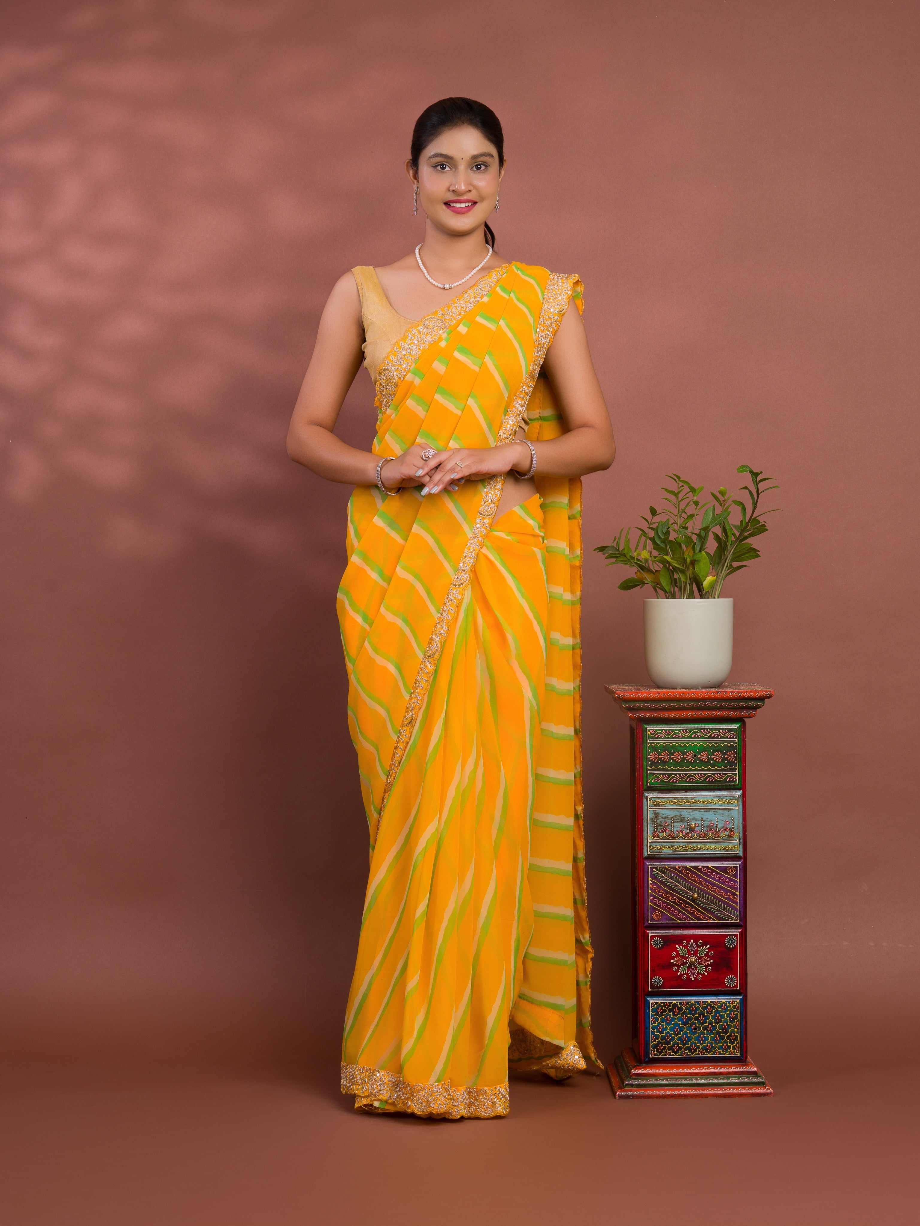 By Latest New Chiffon Leheriya Style With Embroidery Border Work Saree