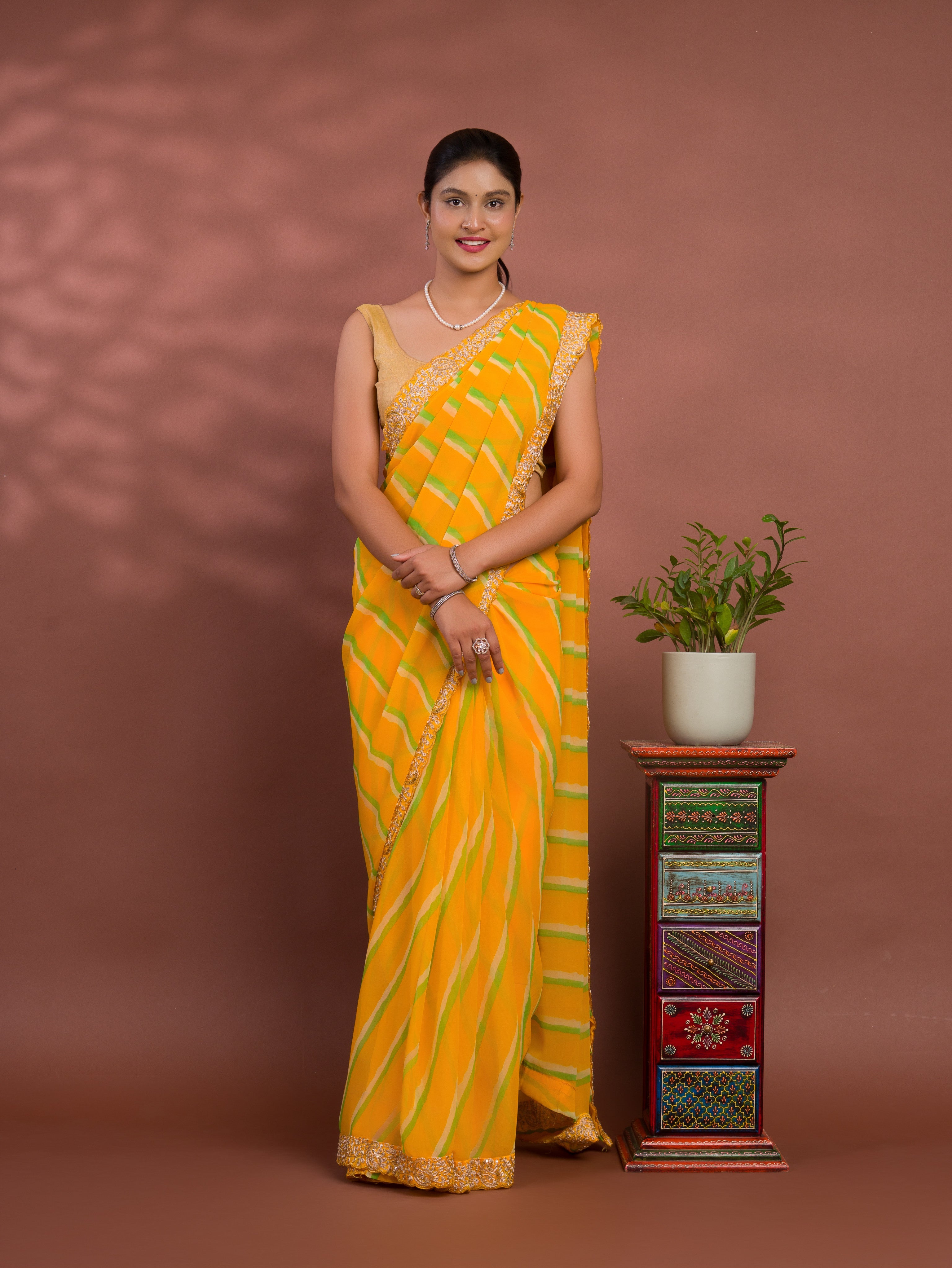 By Latest New Chiffon Leheriya Style With Embroidery Border Work Saree