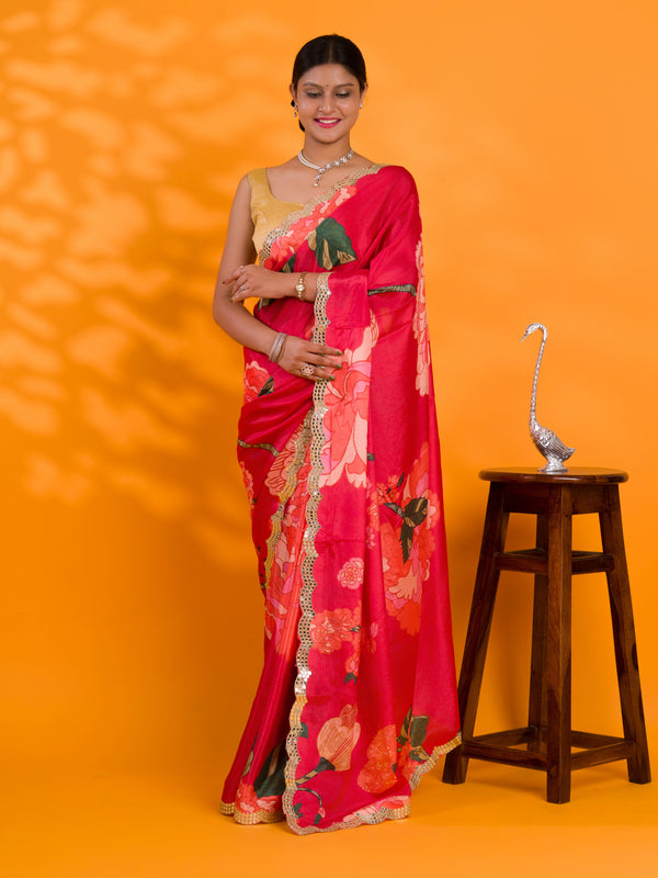 Tanmira Latest  Chinon Crape Floral Print Gotapatti Cutwork Border Saree Red sana