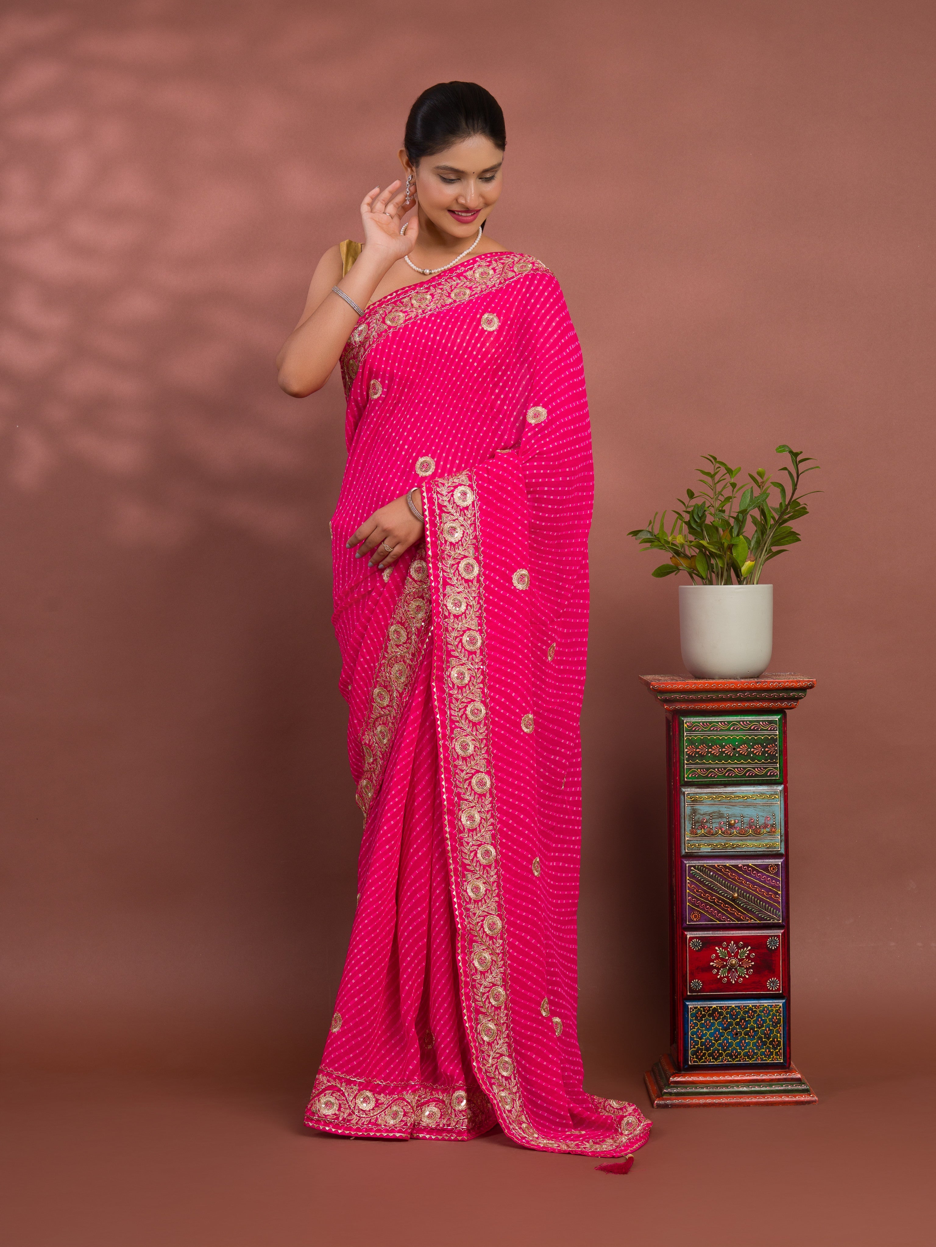 Tanmira New Latest Chiffon  Leheriya Style With Cutdana Embroidery Work Saree SWA