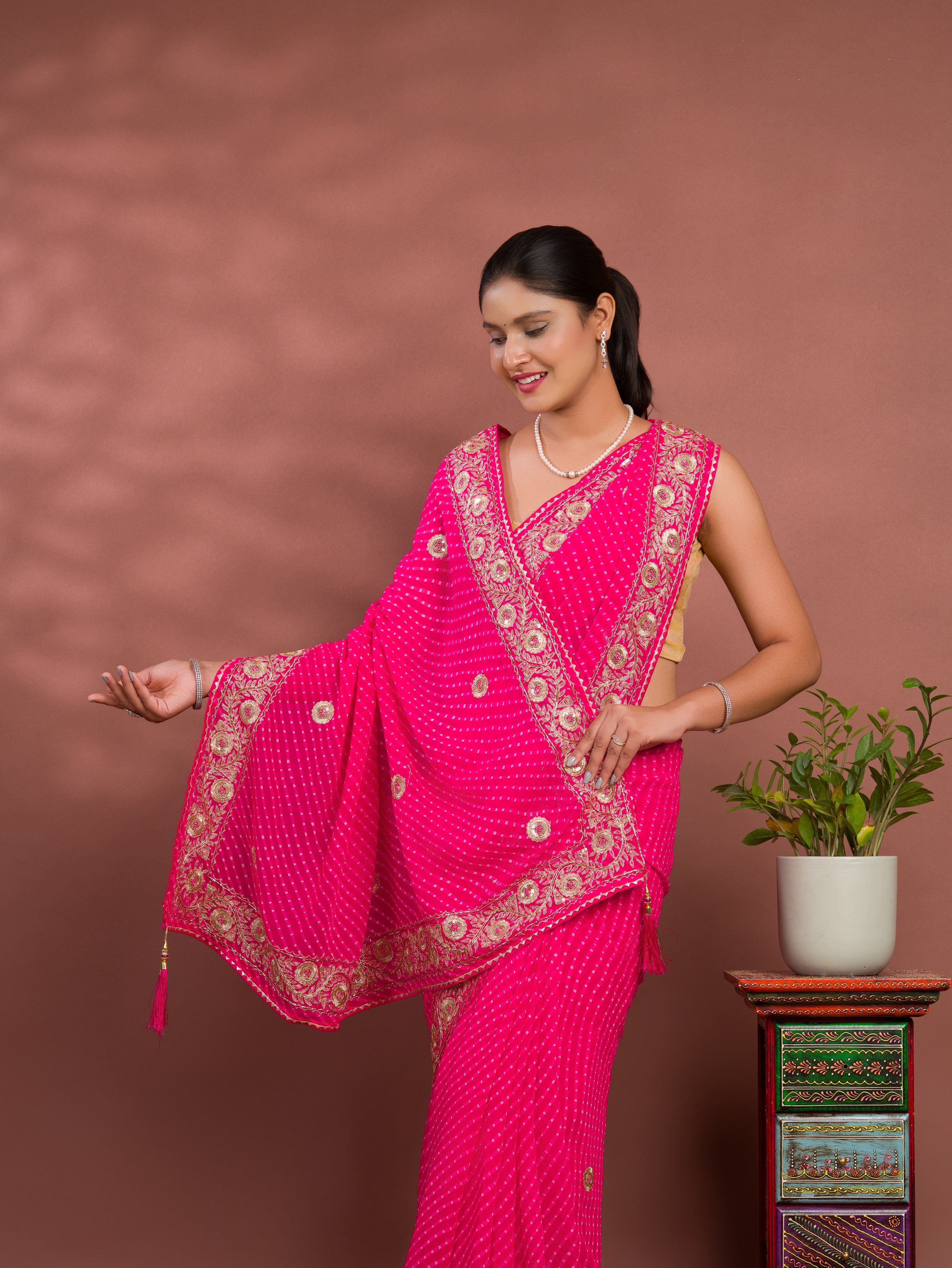 Tanmira New Latest Chiffon  Leheriya Style With Cutdana Embroidery Work Saree SWA