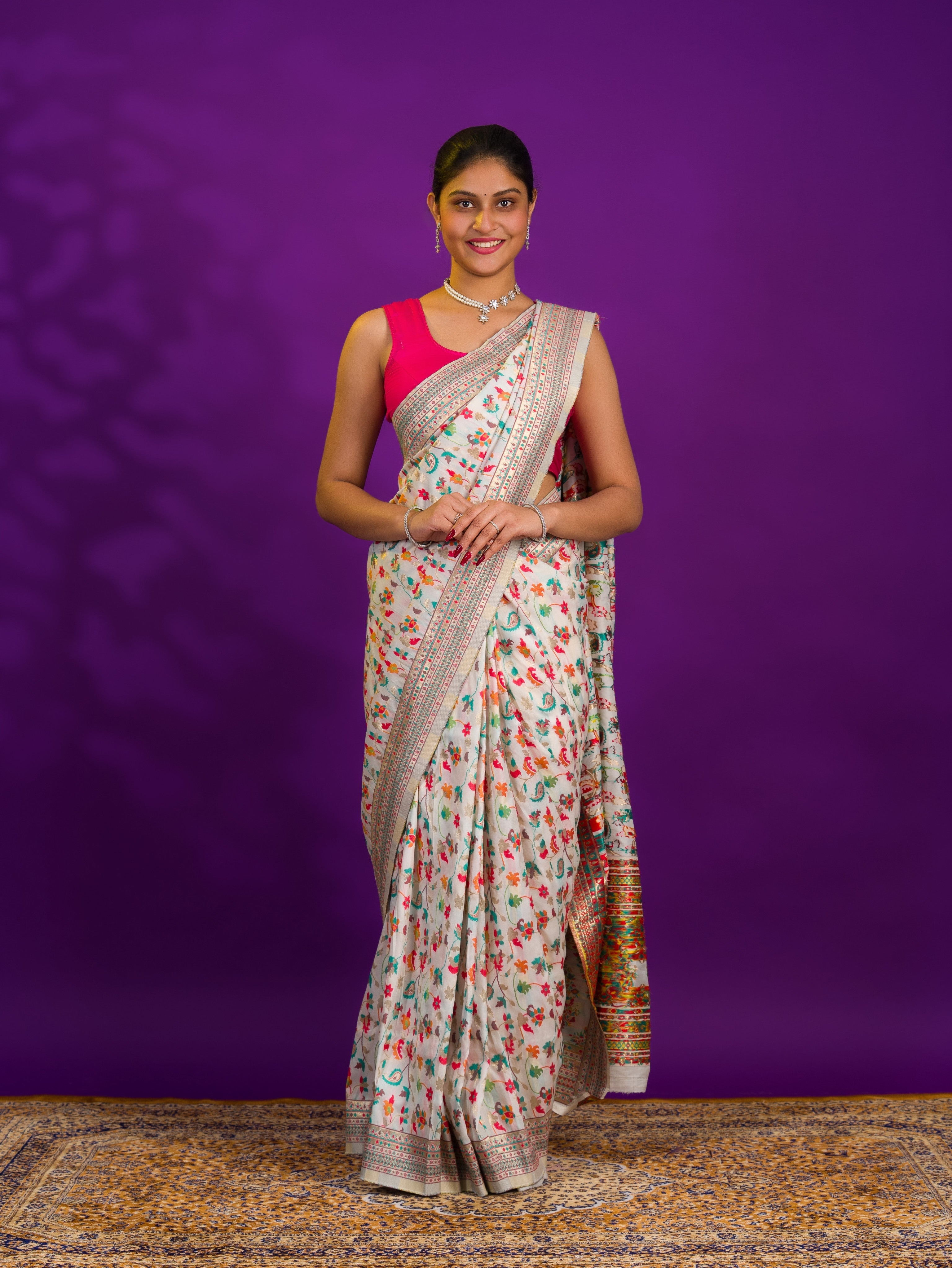 Pashmina Cotton Silk Kashmiri Style Party wear Saree in off white colour