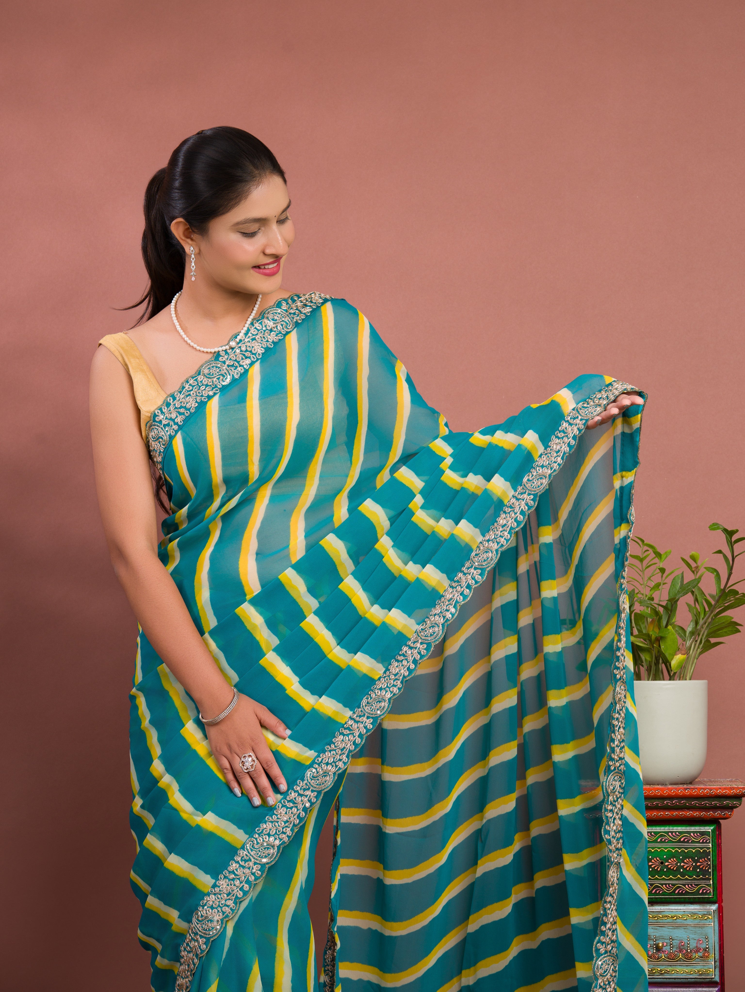By New Beautiful Chiffon Leheriya Style With Embroidery Border Work Saree