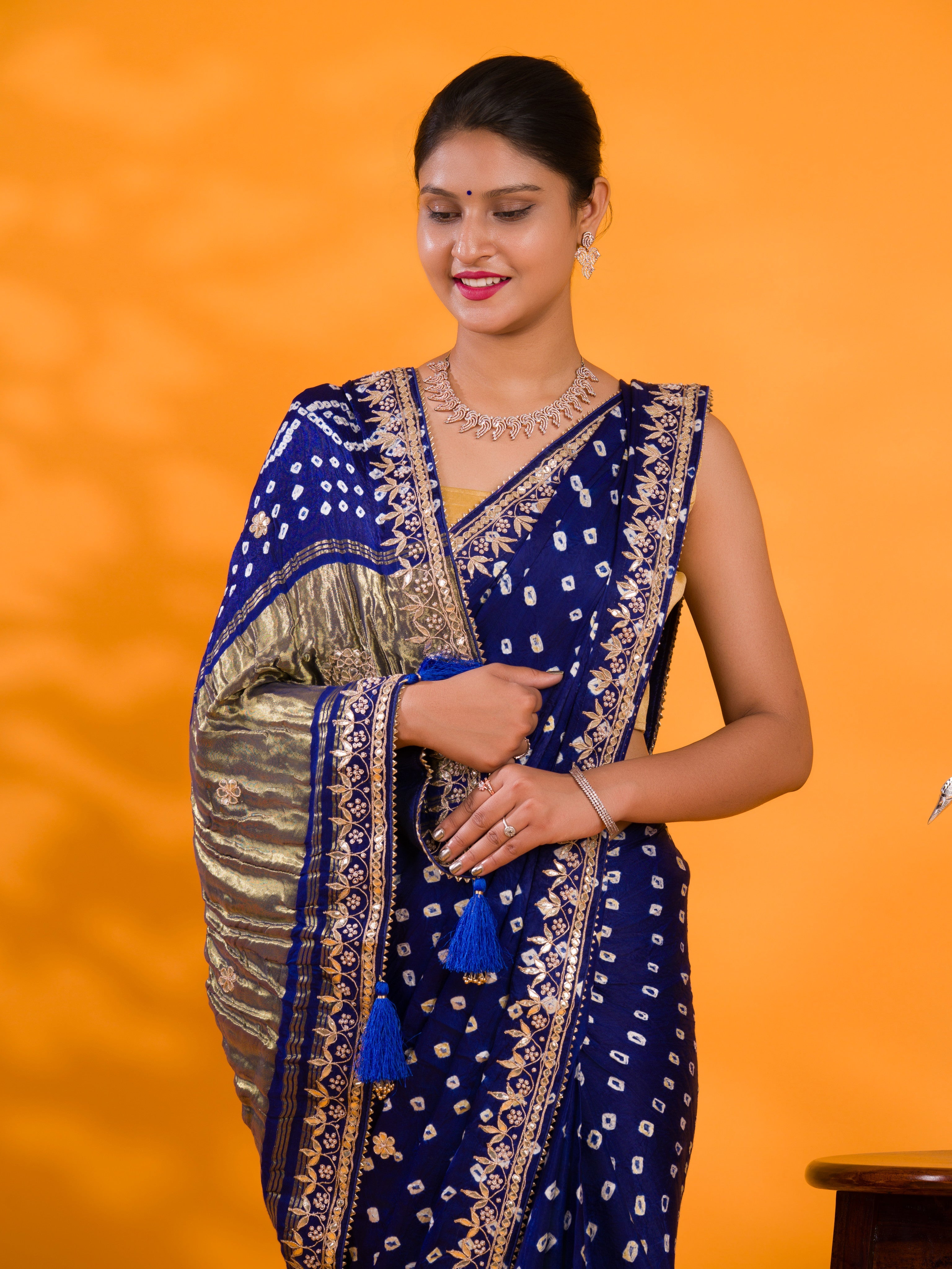 Tanmira  New Modal Gaji Silk Bandhej Gotapatti Work Saree  AMT