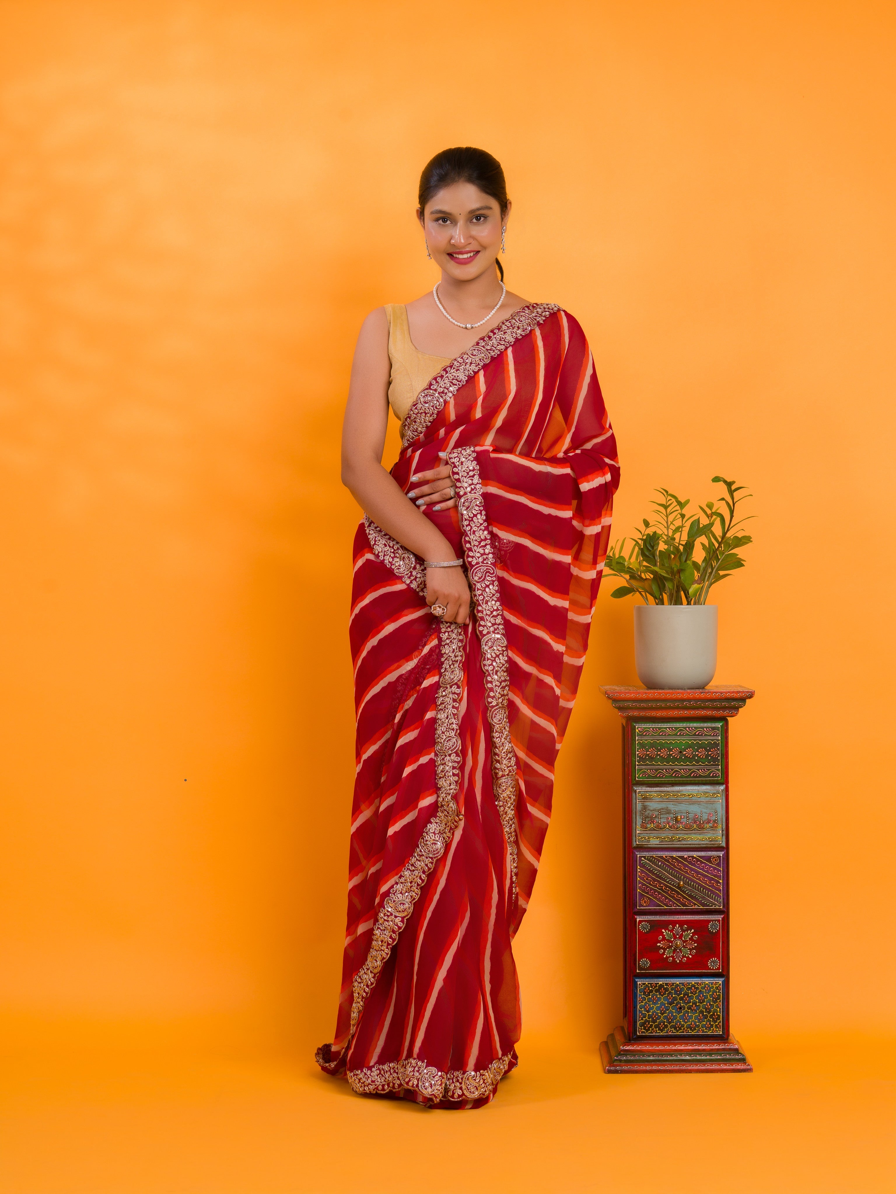 Tanmira  New Spiceal Chiffon Leheriya Style With Embroidery Border Work Saree STL