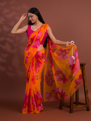 A vibrant orange and pink floral saree  Georgette Flower Printed Style 