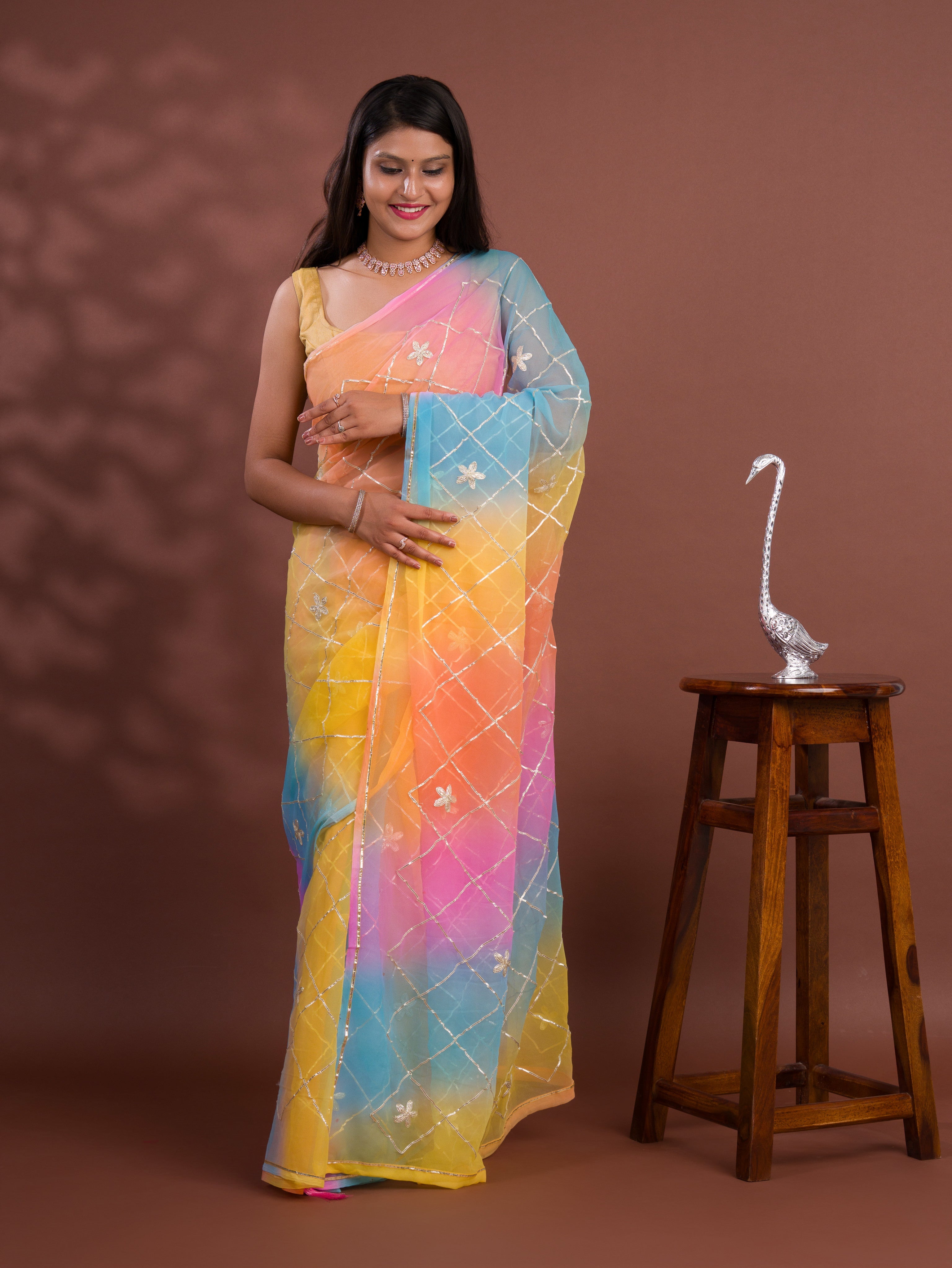 Tanmira New Georgette Multi Colour Gota Patti Work Saree  SWA