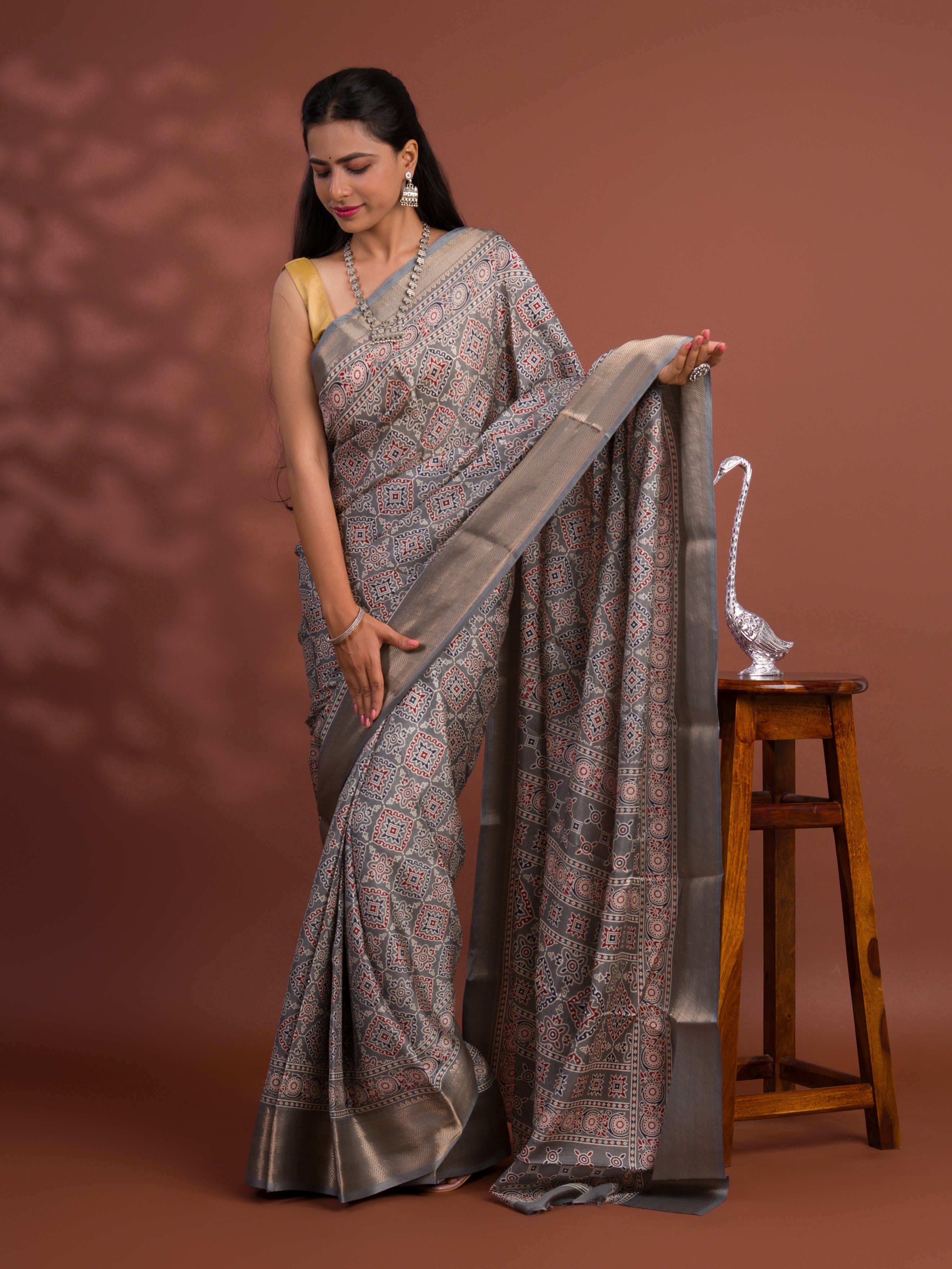 Tanmira New Cotton silk Ajrakh style With Ajrakh HandPrint Work Saree STL