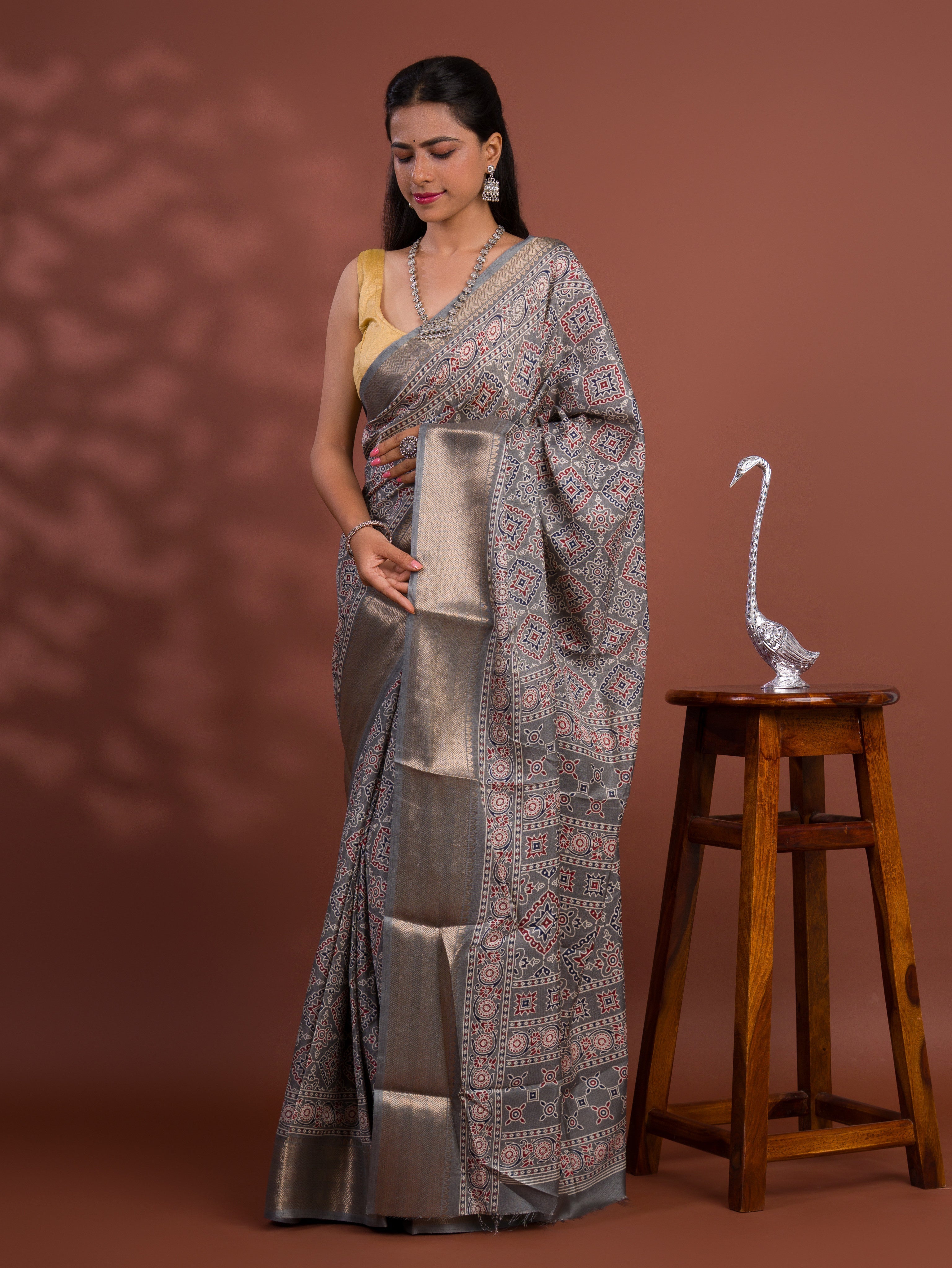 Tanmira New Cotton silk Ajrakh style With Ajrakh HandPrint Work Saree STL