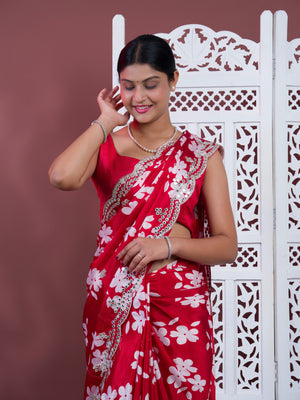  A red saree with white pattern Printed Crepe Silk with Embroidered Mirror Work 