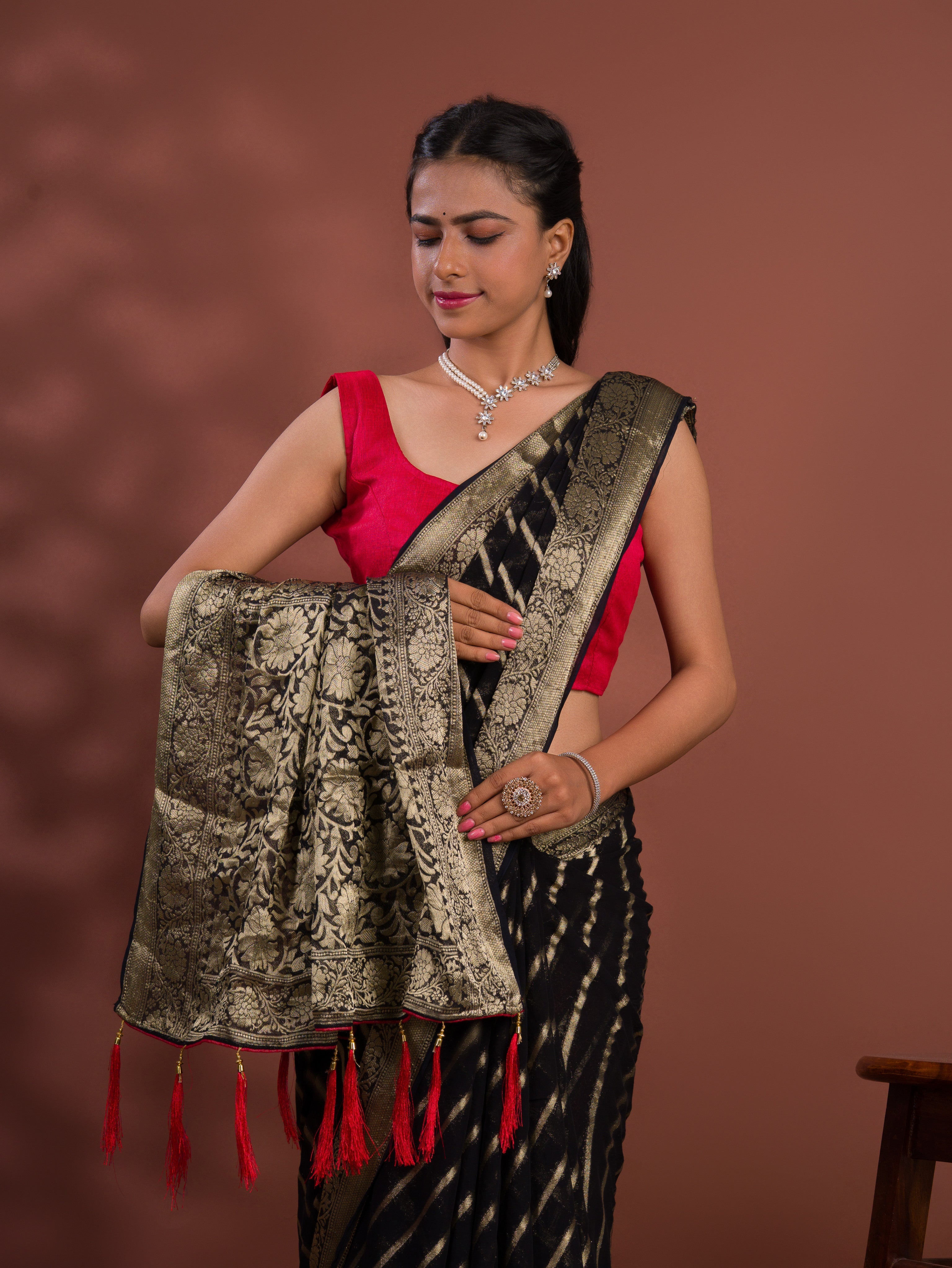 Tanmira New Pure khaddi Georgette Banarasi Handloom Leheriya Zari Weaving Saree  MAHA