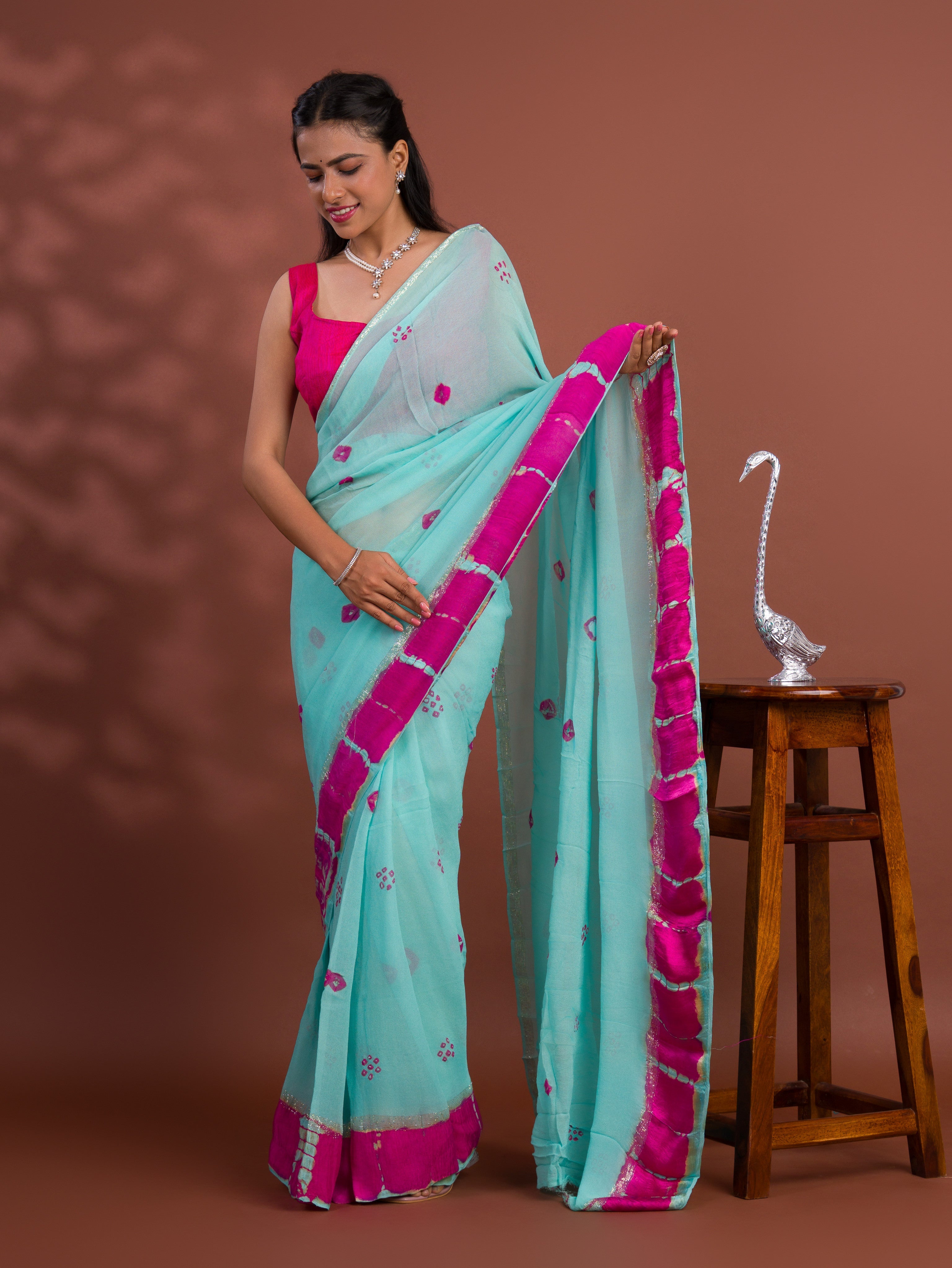 Tanmira Pure Georgette Gulti Bandhej Satin Patta Border Saree  RTK