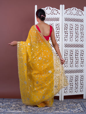 Gotapatti work in yellow colour saree