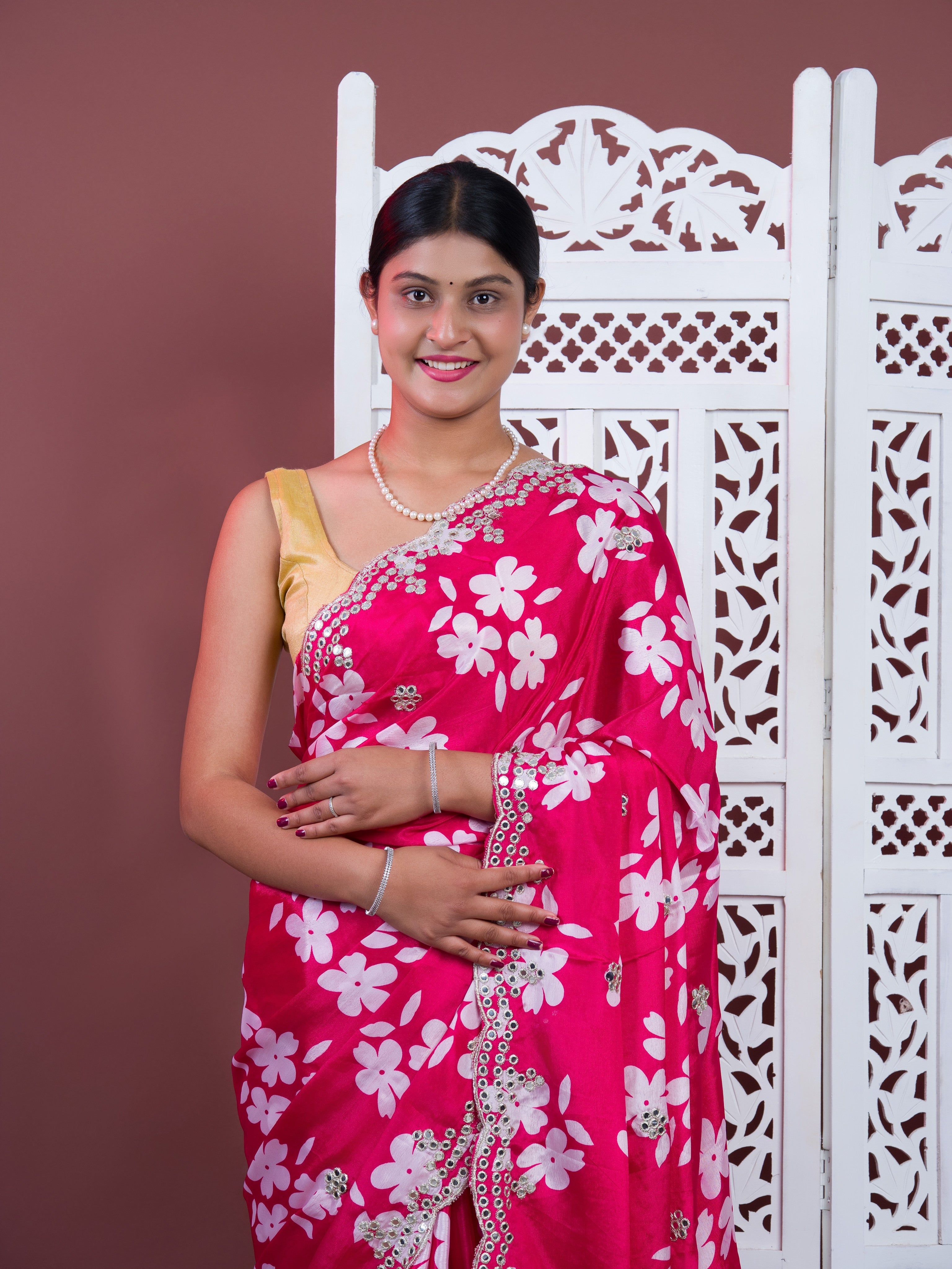 A pink floral saree with white pattern Printed Crepe Silk with Embroidered Mirror Work 