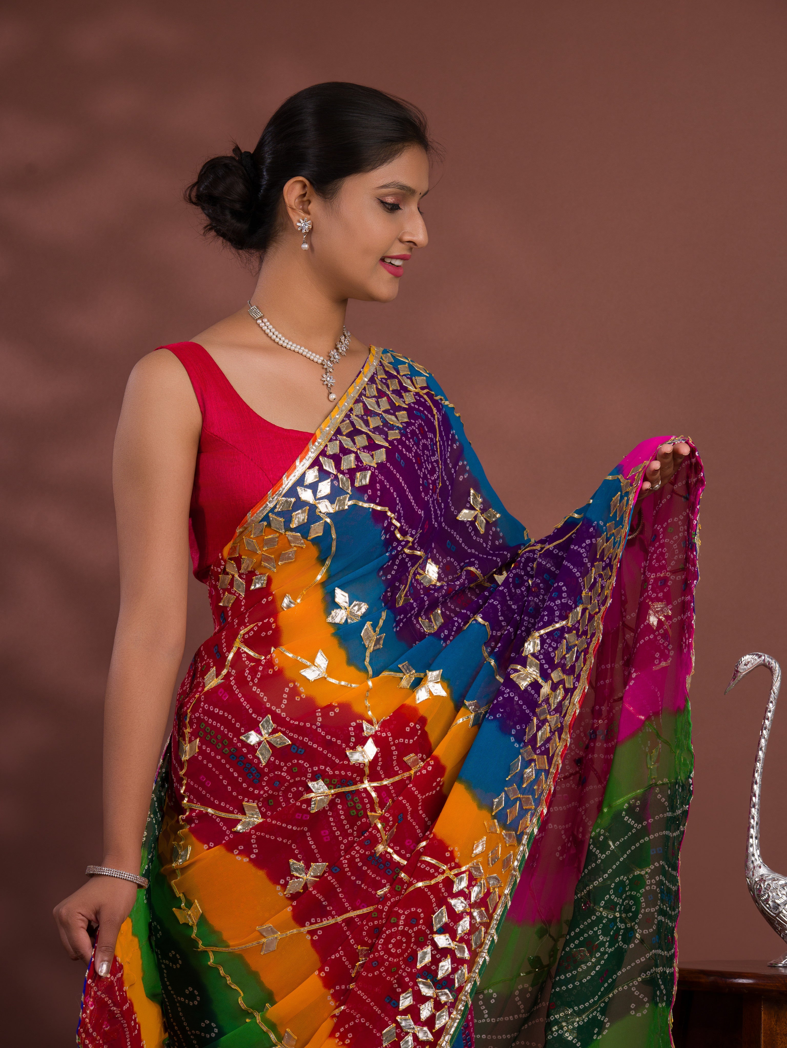 Tanmira Special Pure Georgette Pachranga Bandhej Gotapatti Work Saree MHS