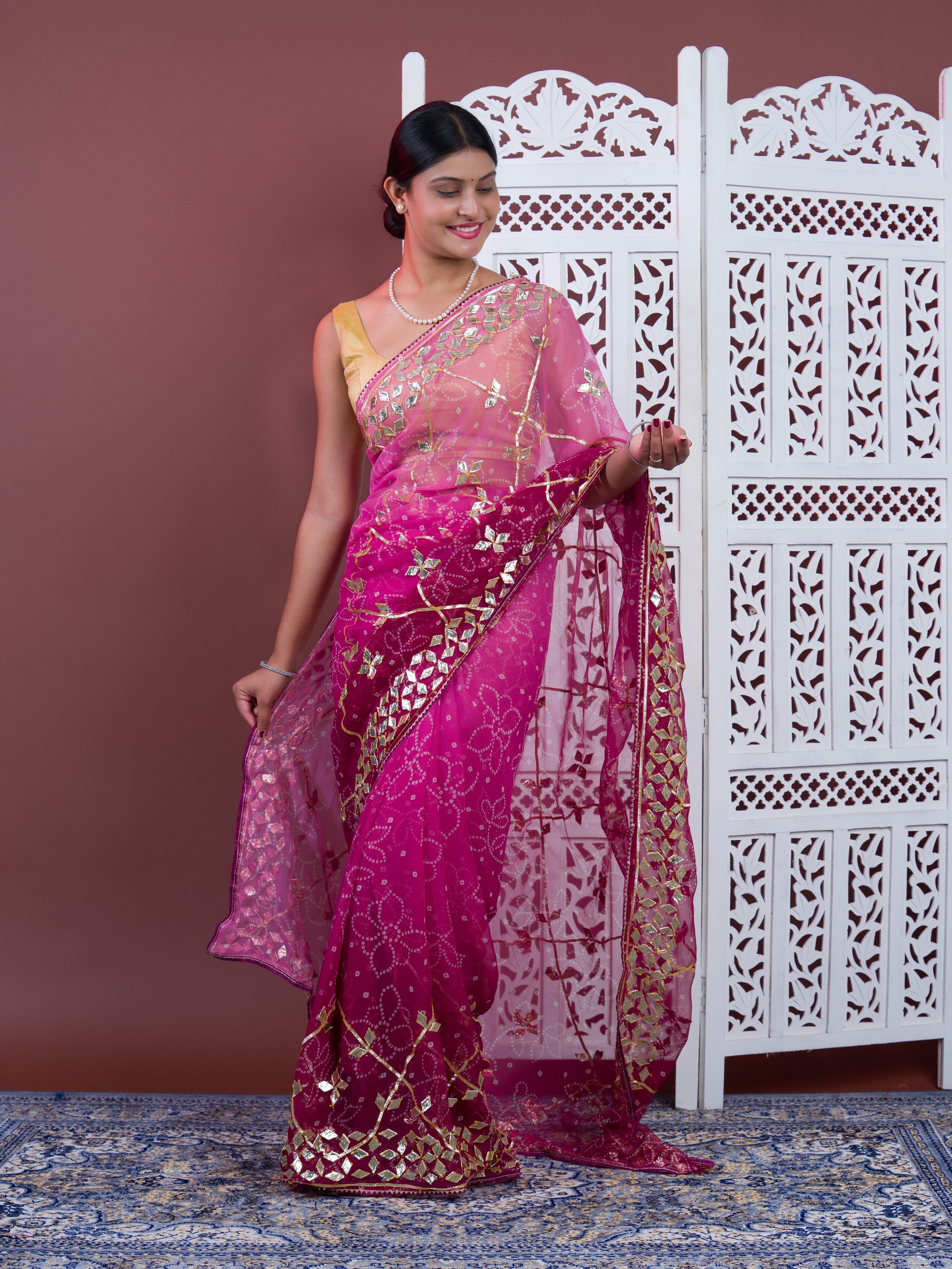 Wine saree with gold patterns Chiffon Bandhani Style With Gotapatti Work Saree