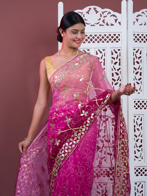 Pink saree with gold patterns Chiffon Bandhani Style With Gotapatti Work Saree