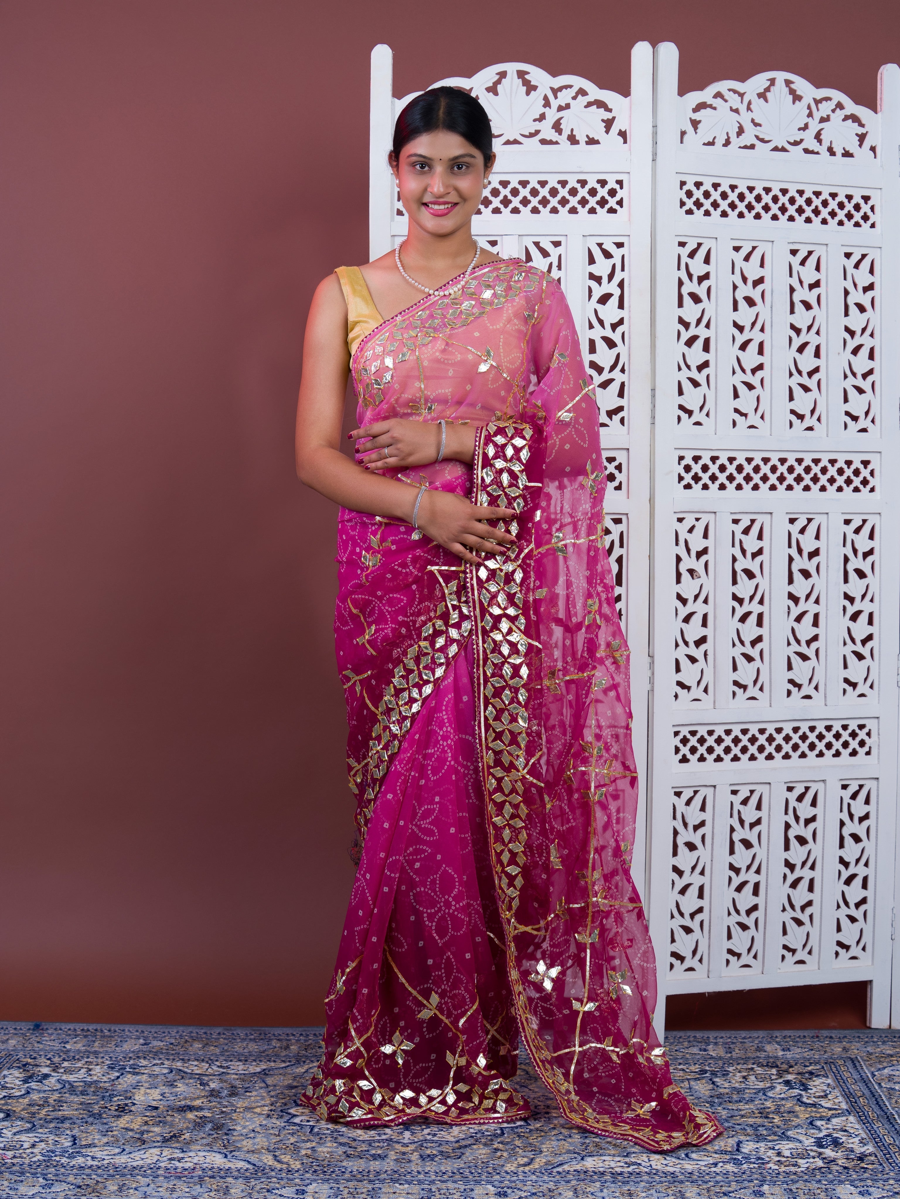 Wine saree with gold patterns Chiffon Bandhani Style With Gotapatti Work Saree