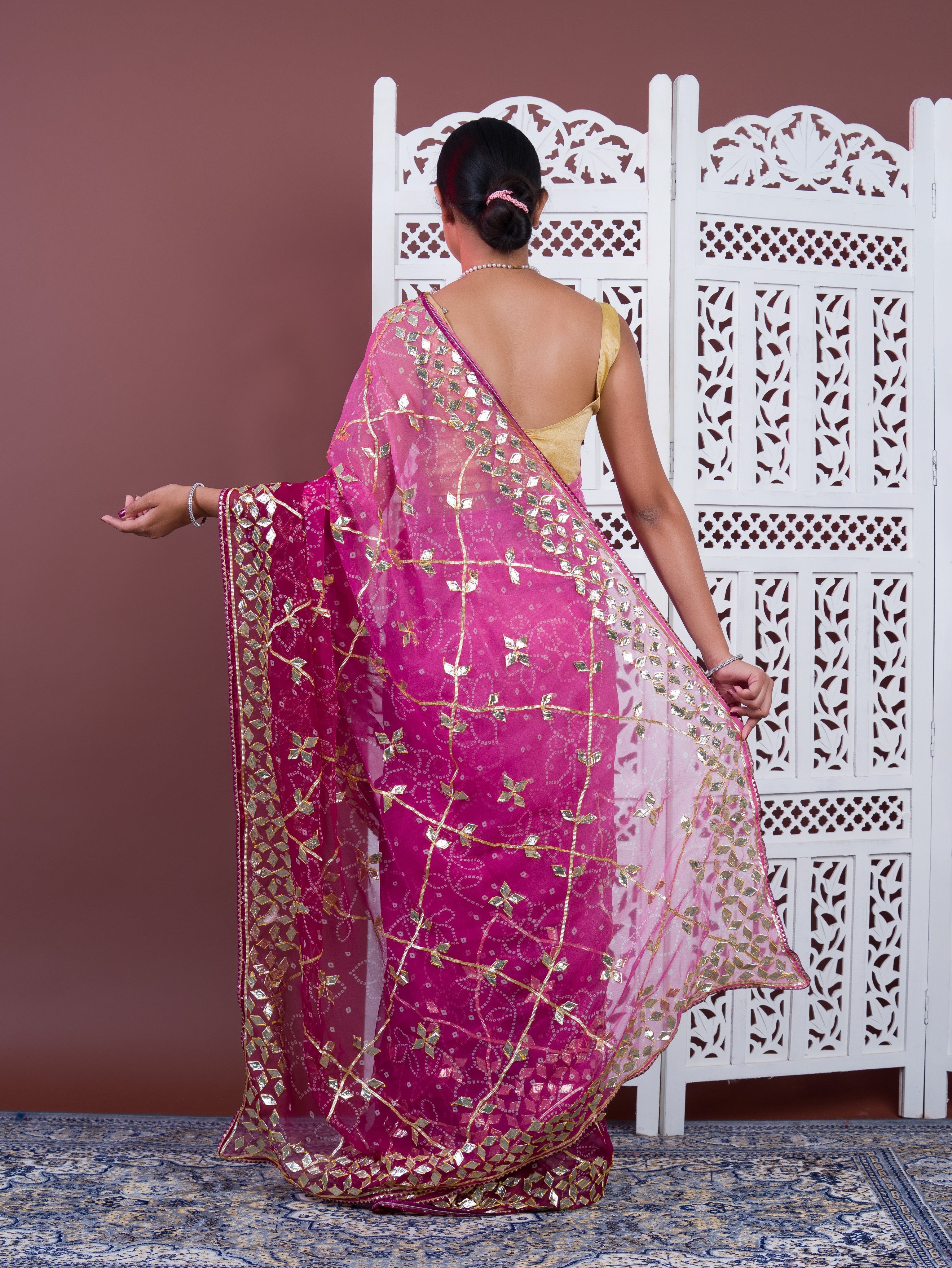 Wine saree with gold patterns Chiffon Bandhani Style With Gotapatti Work Saree