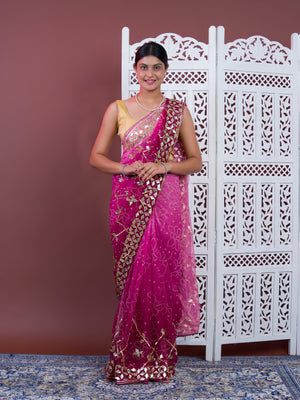 Wine saree with gold patterns Chiffon Bandhani Style With Gotapatti Work Saree