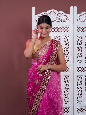 Wine saree with gold patterns Chiffon Bandhani Style With Gotapatti Work Saree