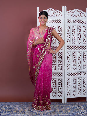 Wine saree with gold patterns Chiffon Bandhani Style With Gotapatti Work Saree