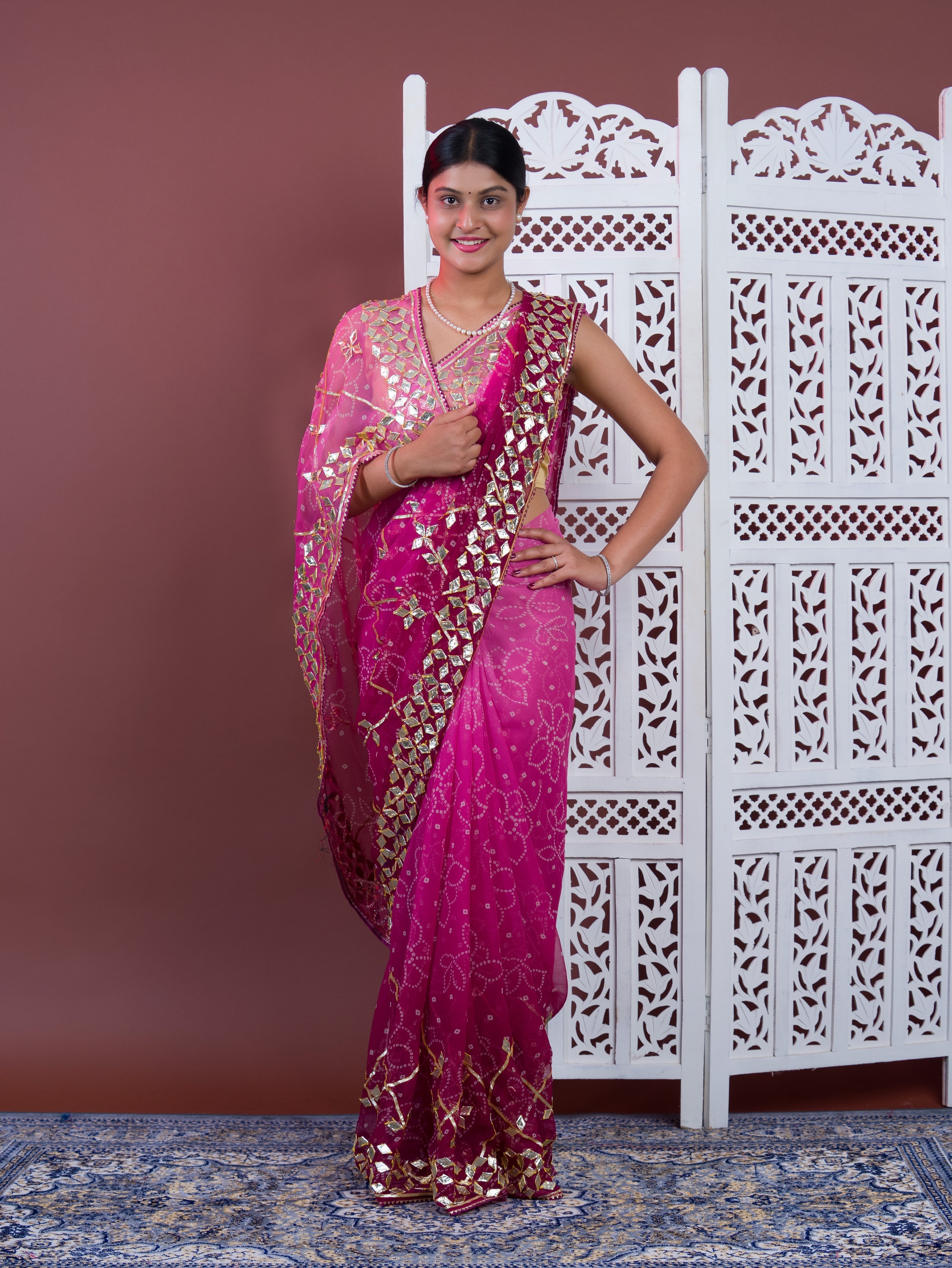 Wine saree with gold patterns Chiffon Bandhani Style With Gotapatti Work Saree