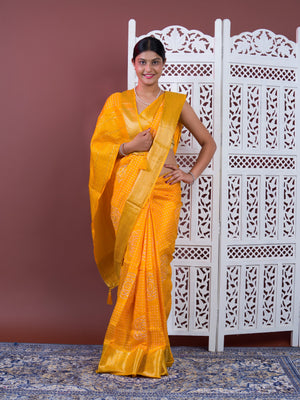 Upada silk Bandhani Zari Work Saree in Yellow colour