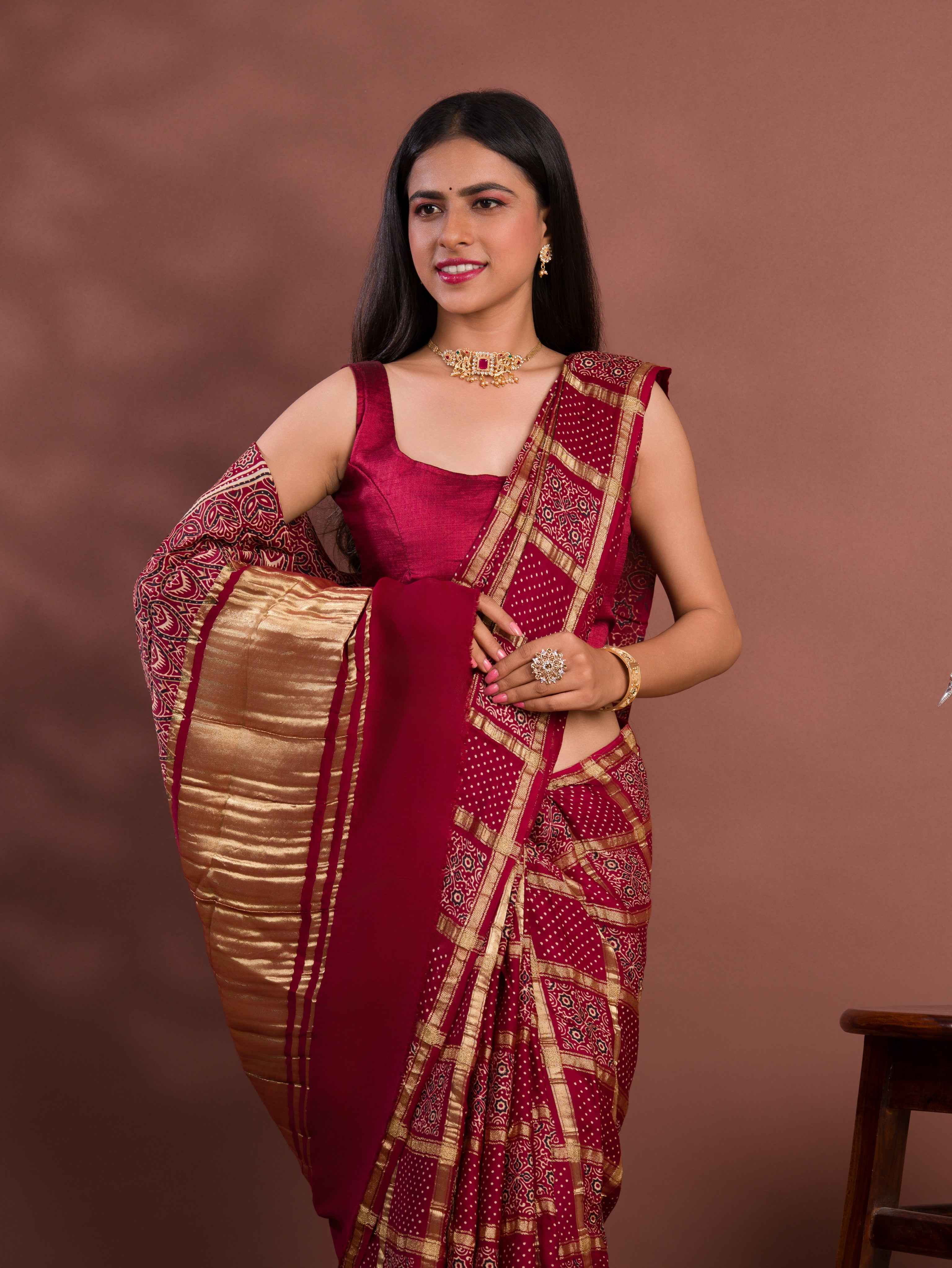 Tanmira Pure Gaji Modal Silk Ajrakh Print Ghatchola Saree  AAD