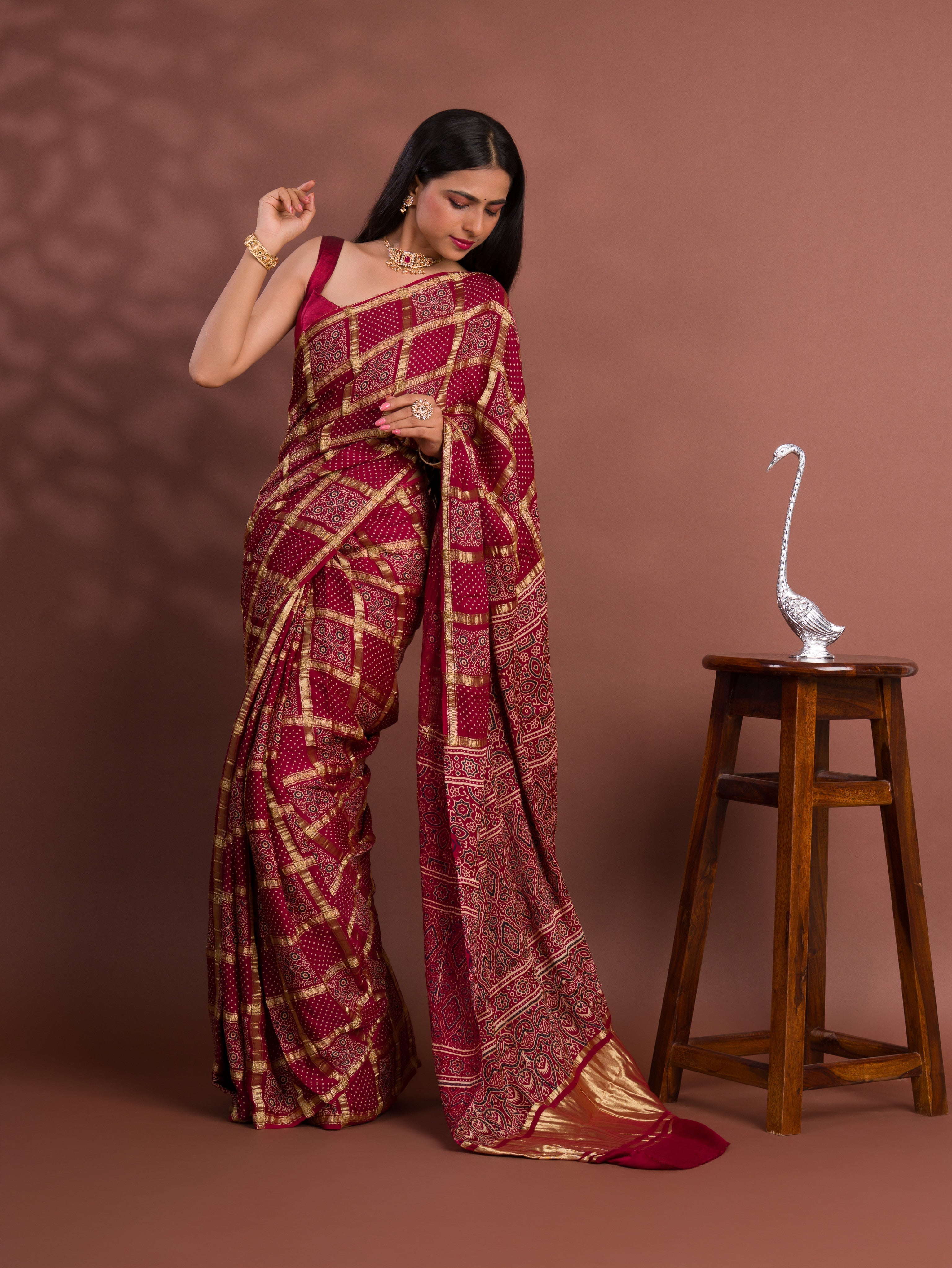 Tanmira Pure Gaji Modal Silk Ajrakh Print Ghatchola Saree  AAD